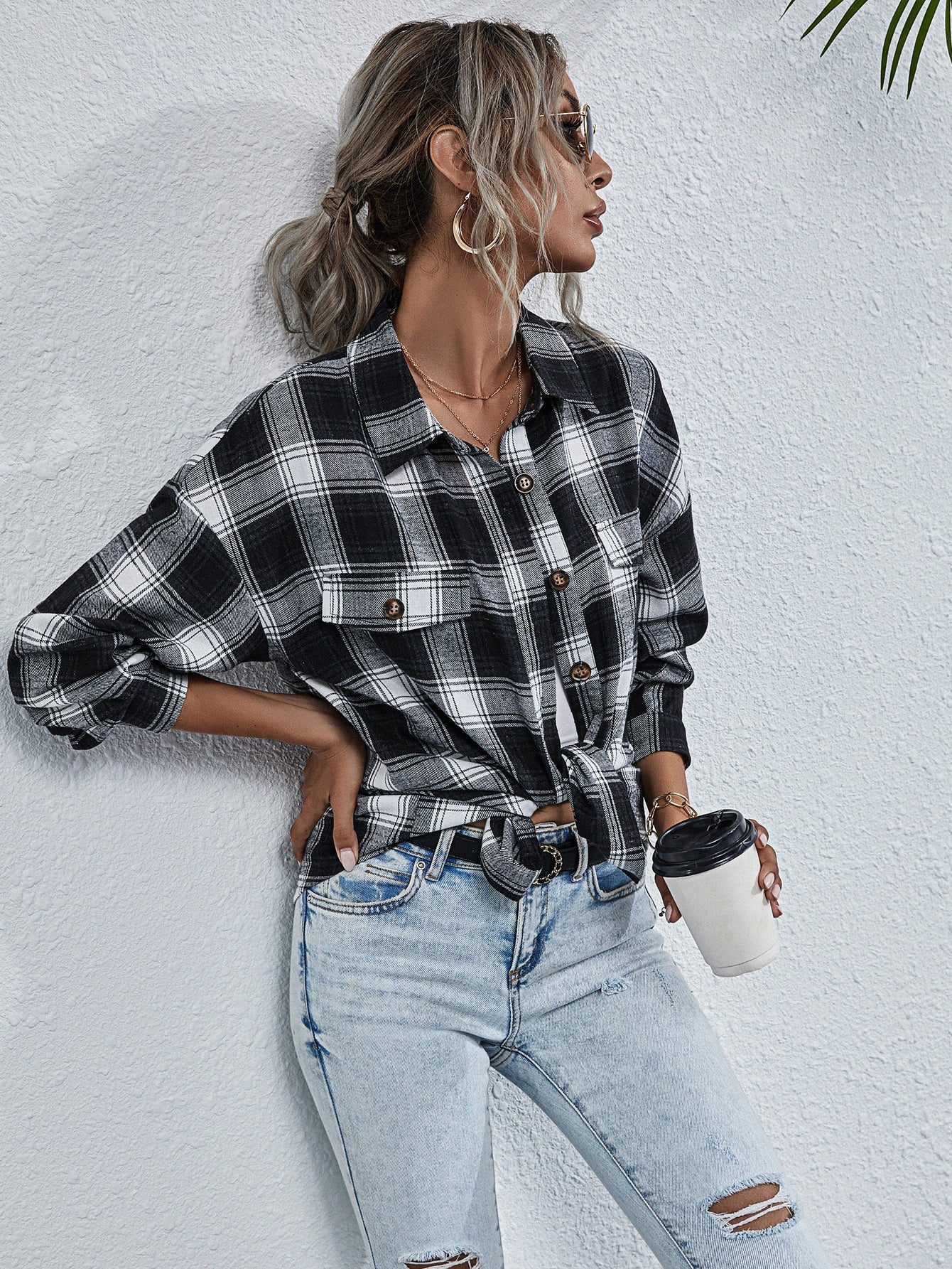 Plaid Drop Shoulder Button Through Blouse