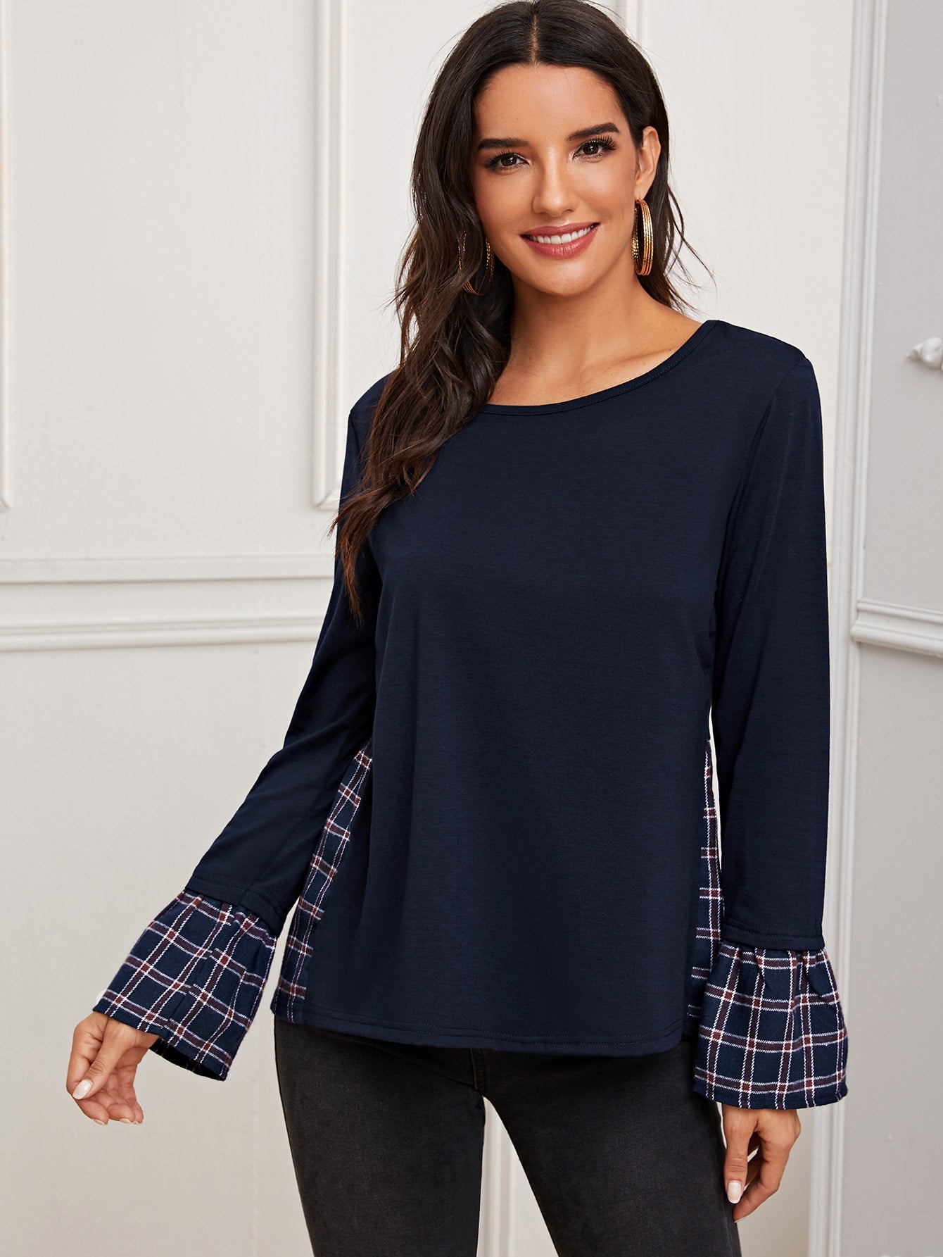 Plaid Flounce Cuff & Back Top