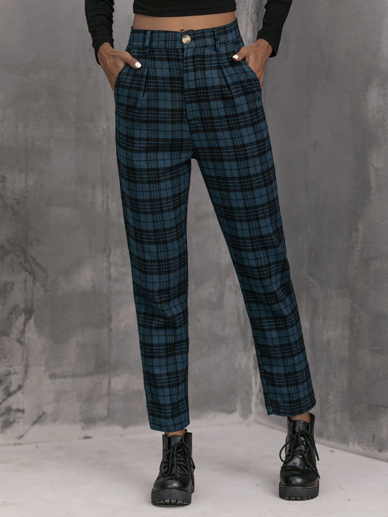 Plaid High-Rise Tapered Pants