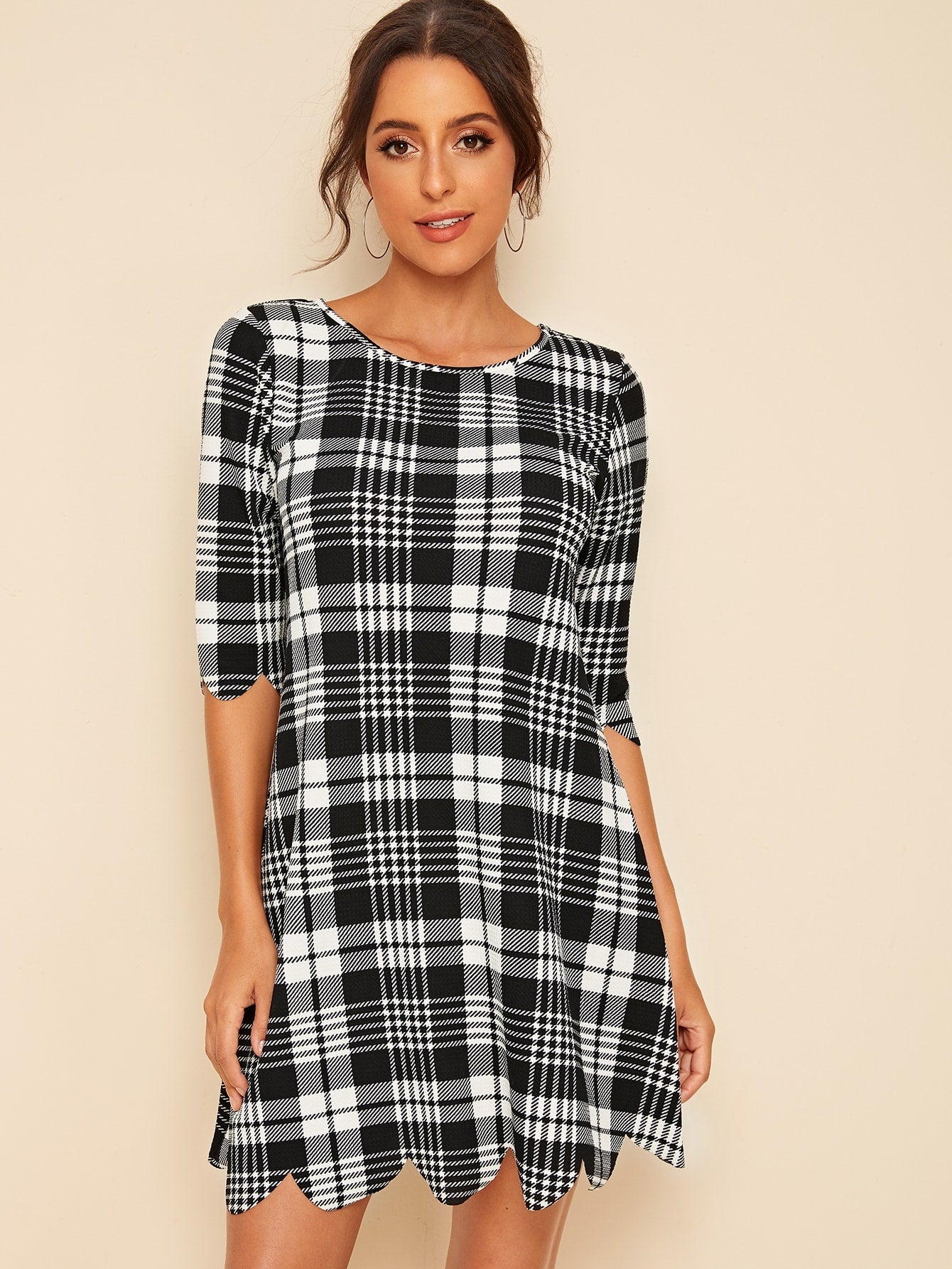 Plaid Print Scalloped Trim Tunic Dress