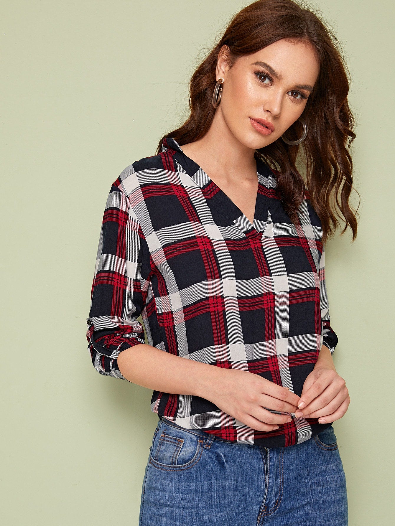 Plaid V-neck Roll Up Sleeve Blouse