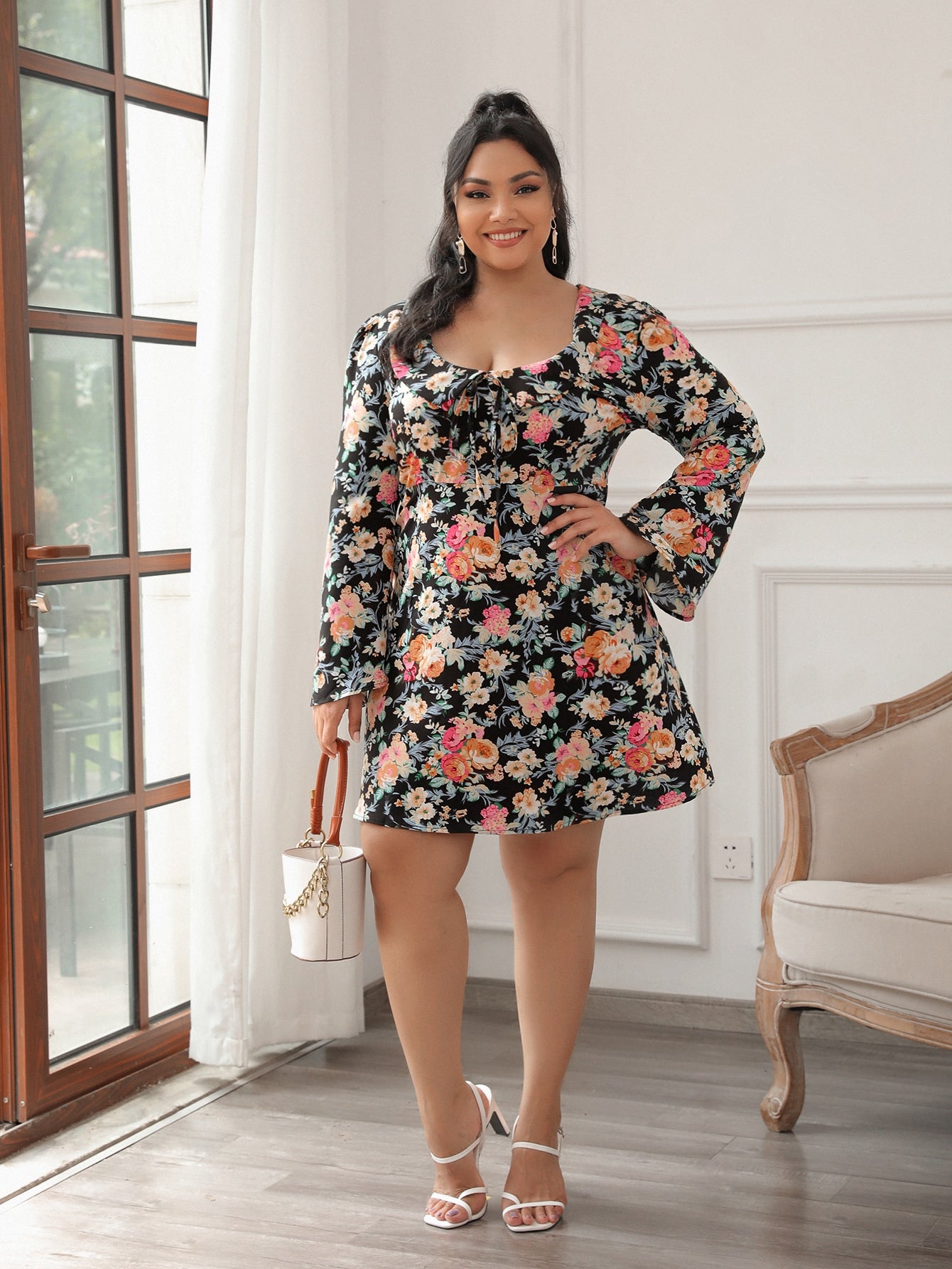 Plus Allover Floral Print Knot Front A-line Dress