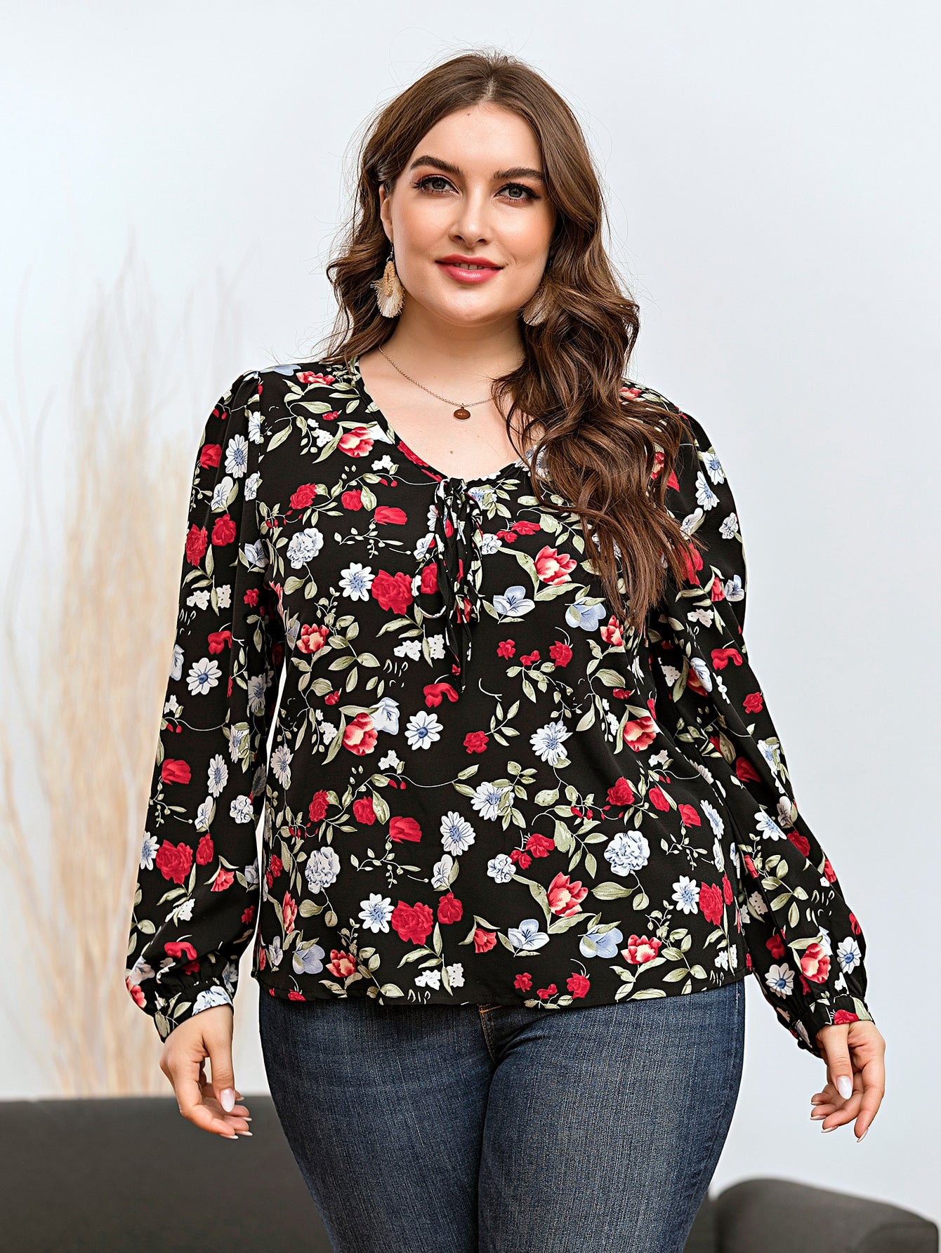 Plus Allover Floral Print Knot Front Blouse