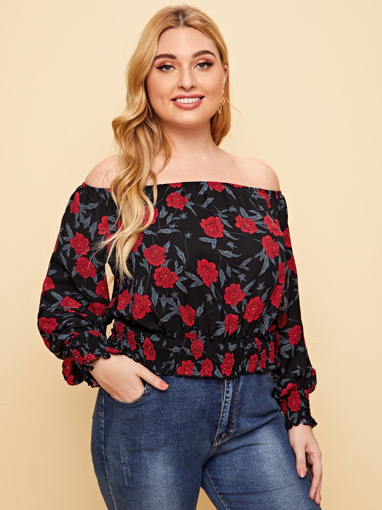 Plus Allover Floral Print Shirred Detail Bardot Top