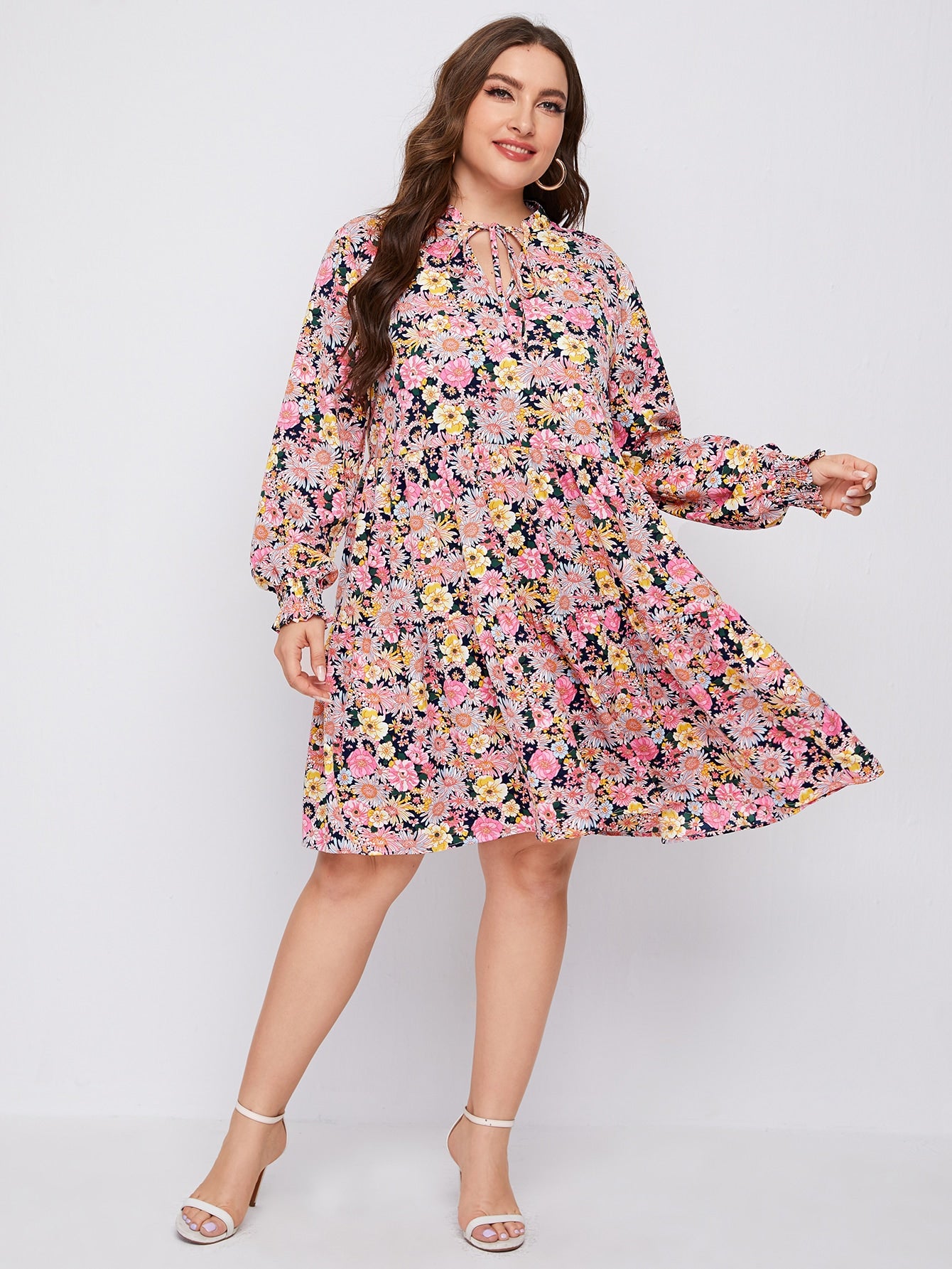 Plus Allover Floral Print Tie Neck Smock Dress