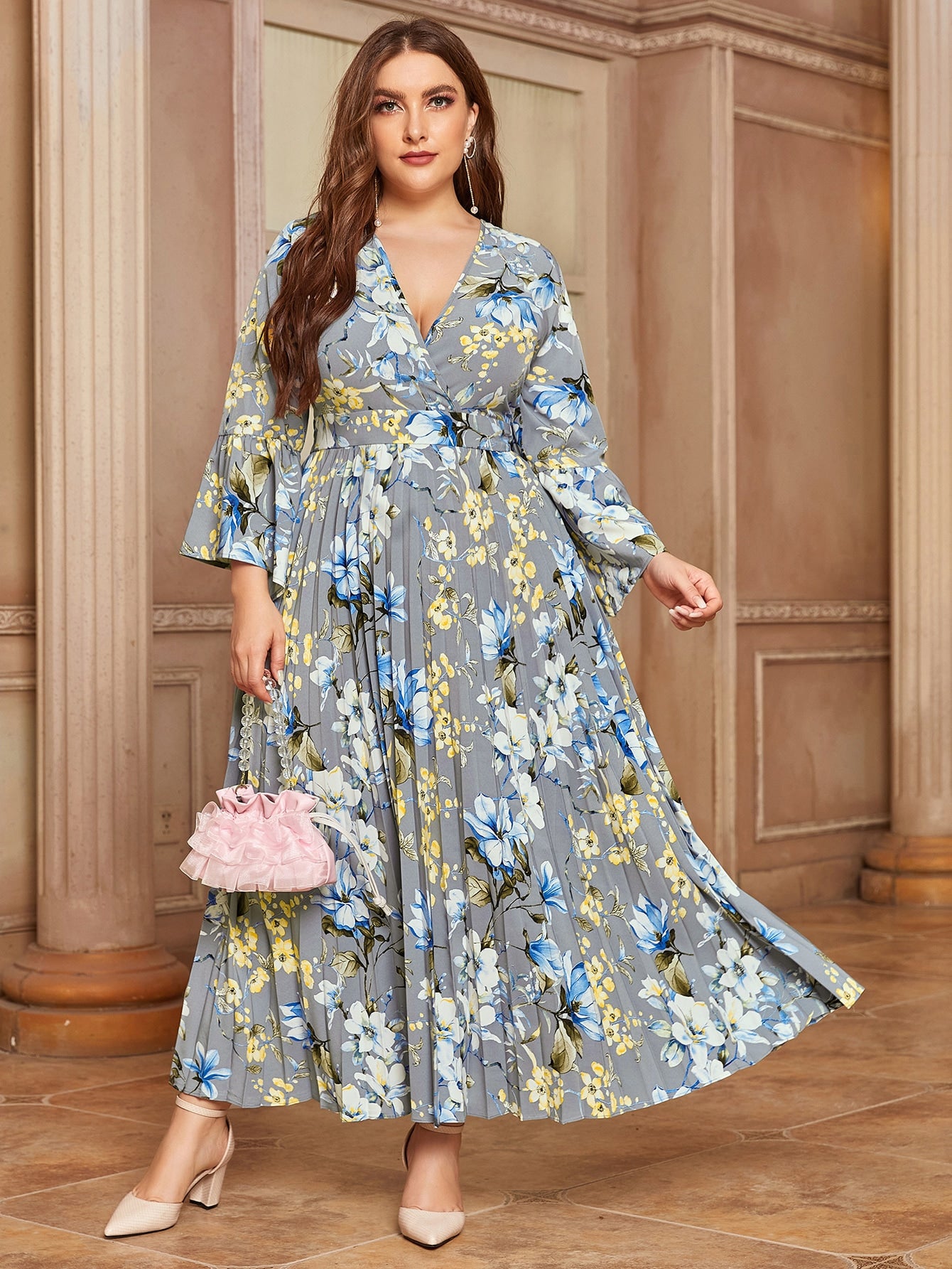 Plus Allover Floral Surplice Front Pleated Dress