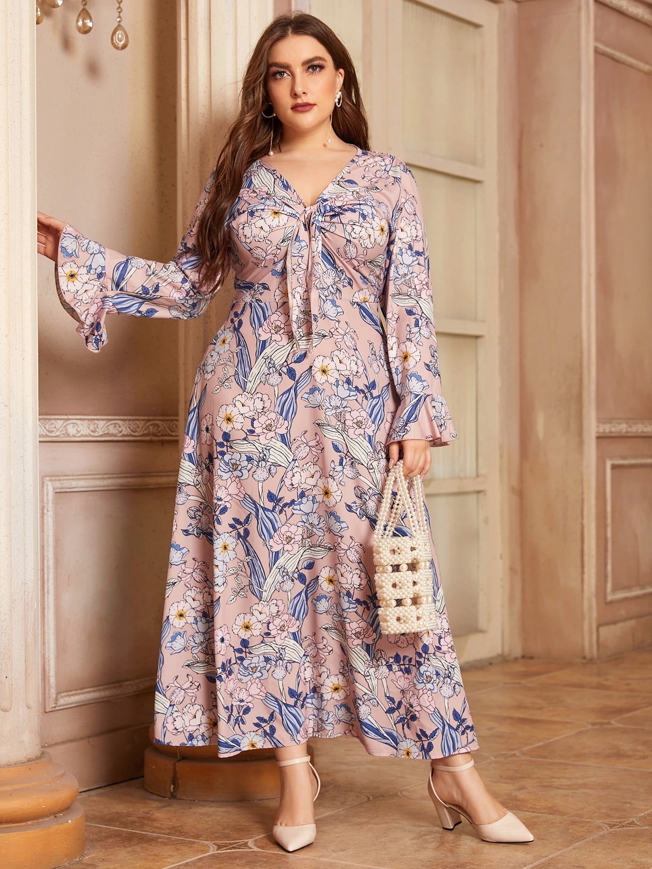 Plus Allover Floral Tie Front Flounce Sleeve Dress