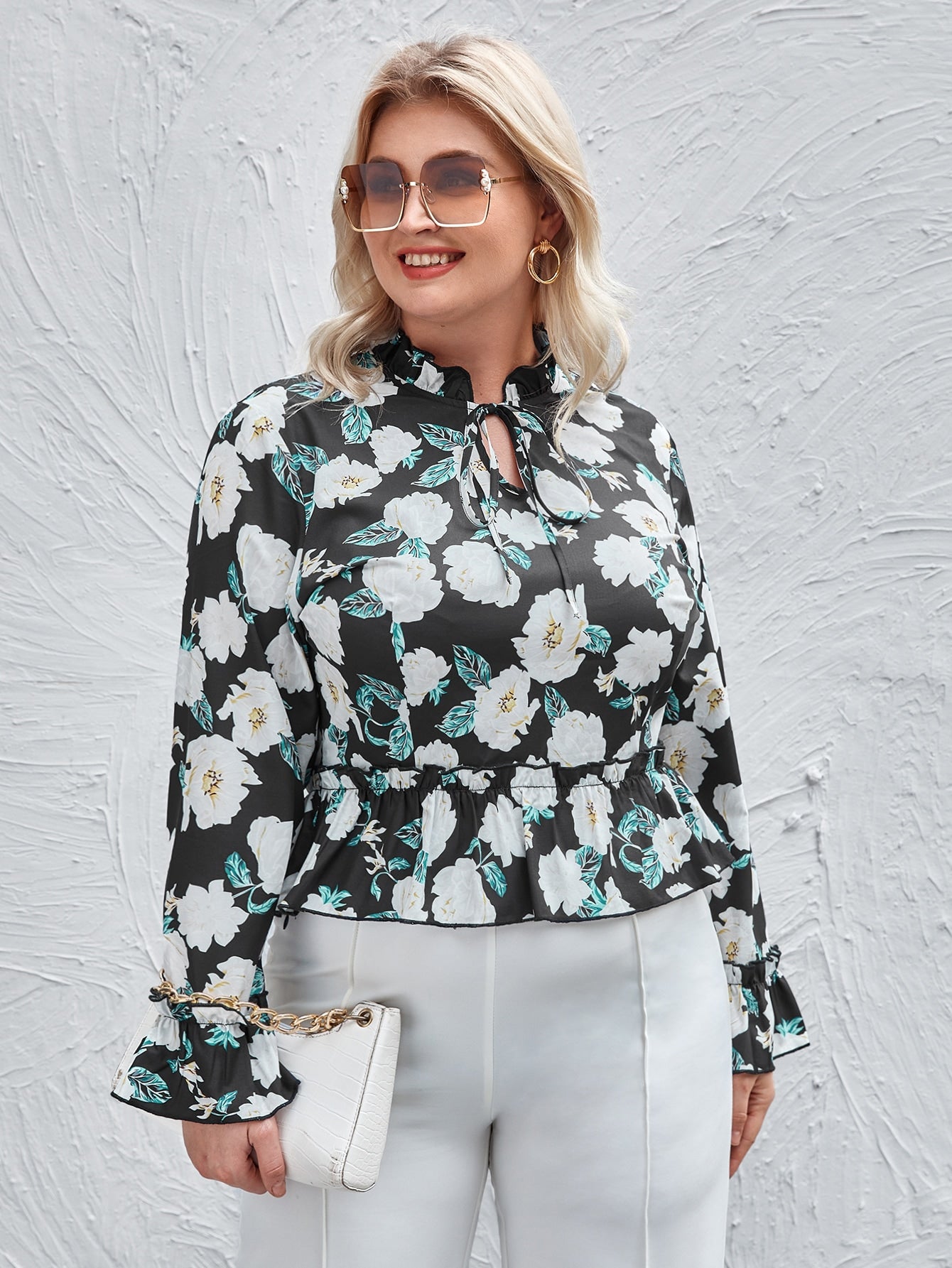 Plus Allover Floral Tie Neck Peplum Blouse