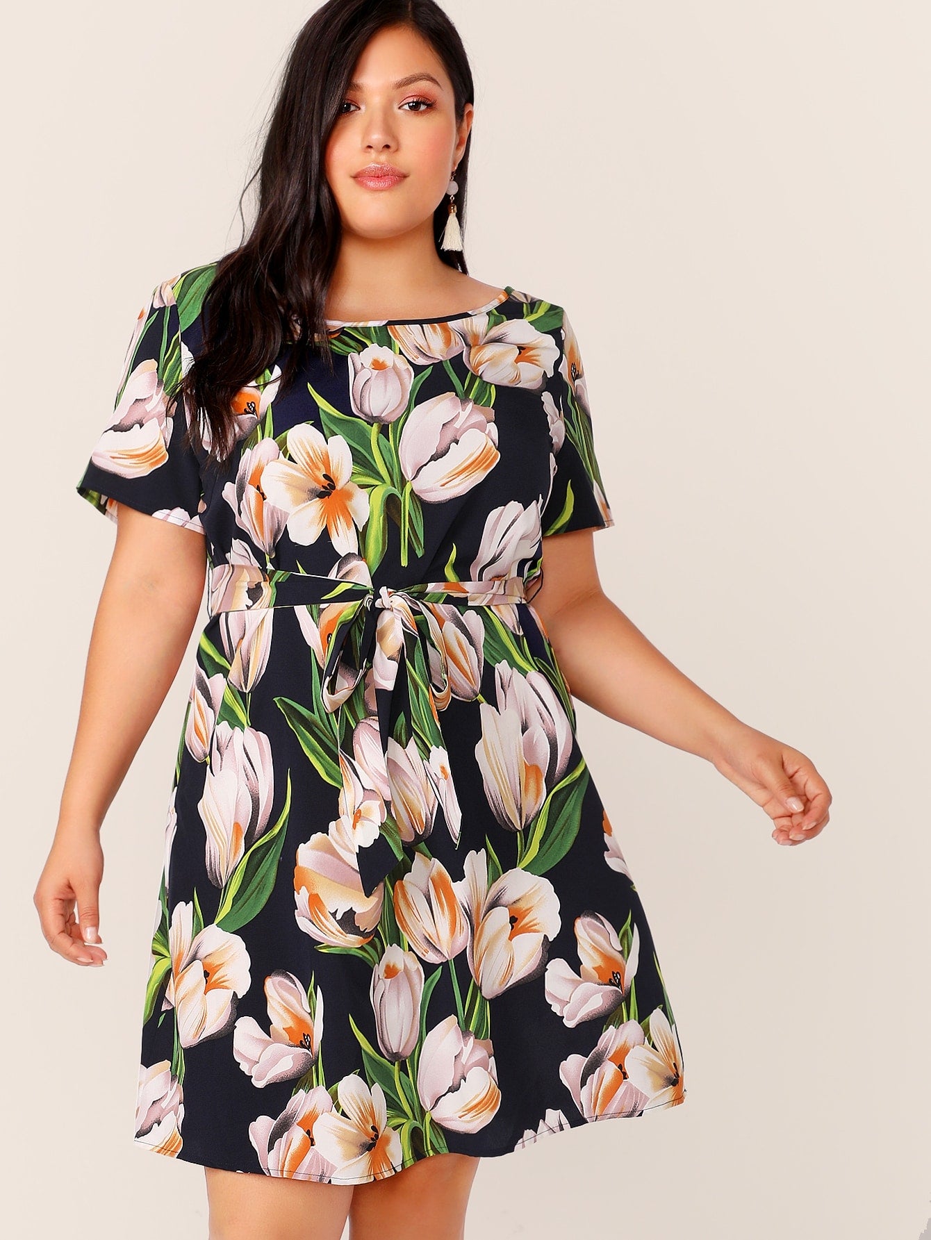 Plus Floral Print Belted Dress