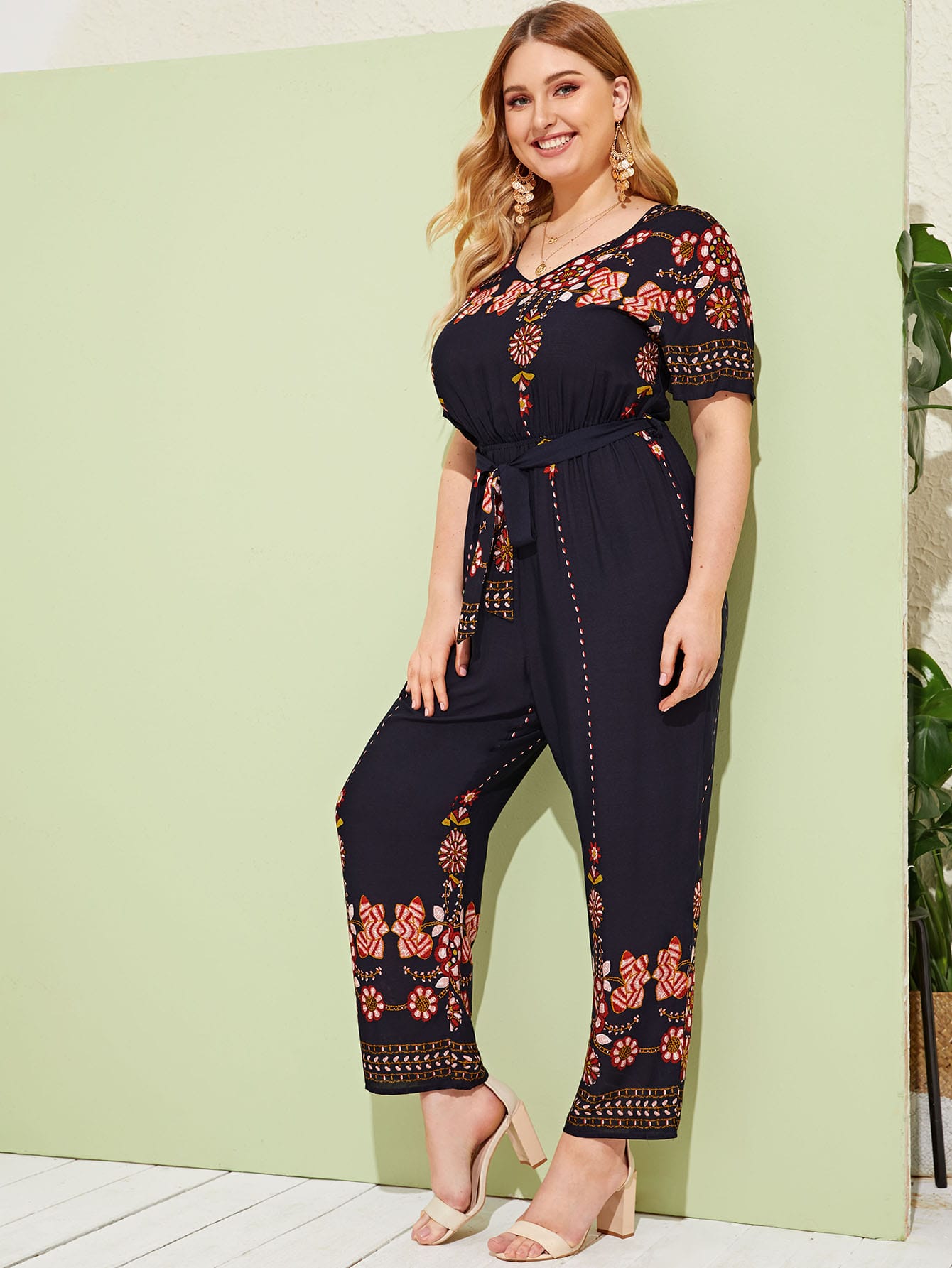 Plus Floral Print Belted Straight Leg Jumpsuit