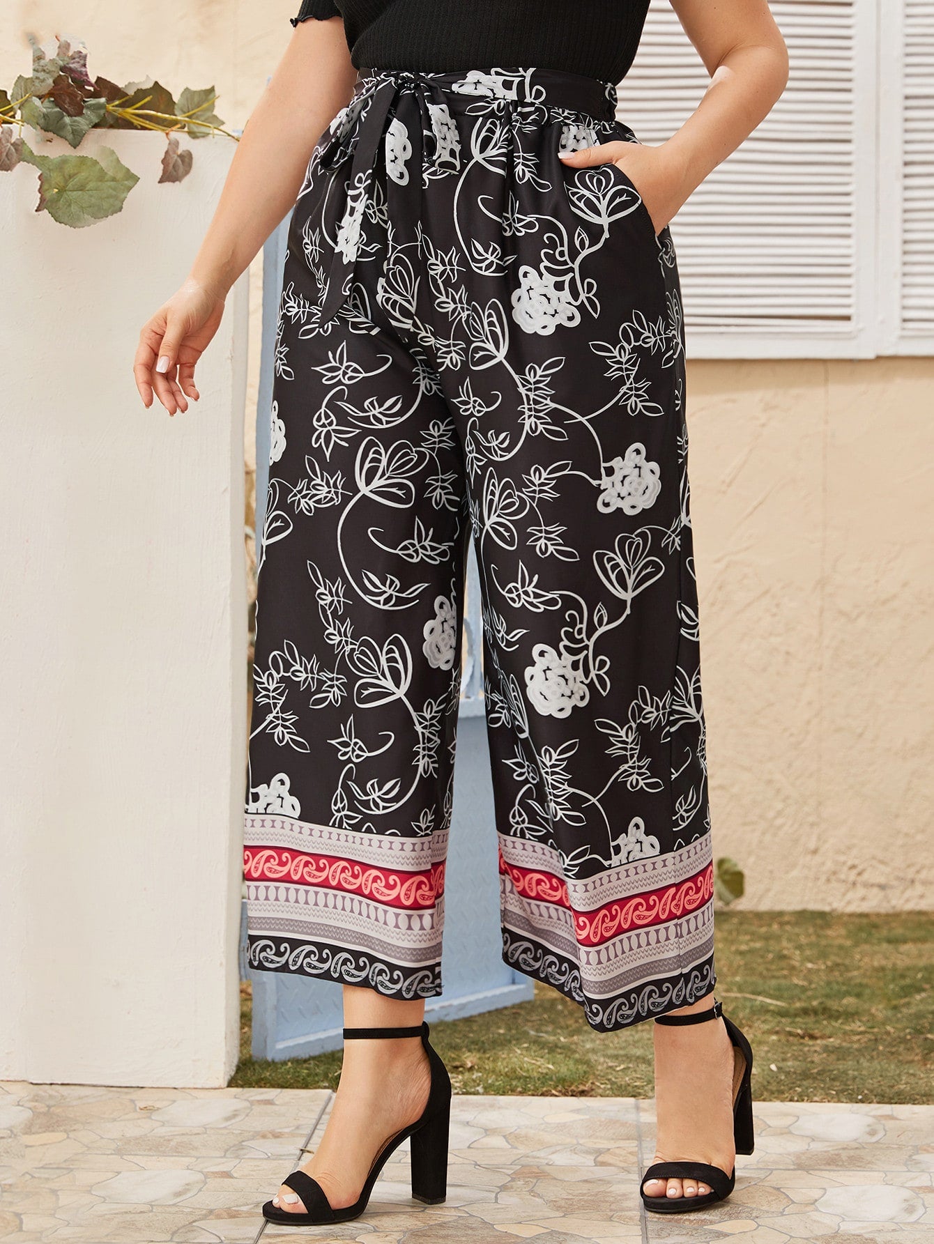 Plus Floral Print Belted Wide Leg Pants