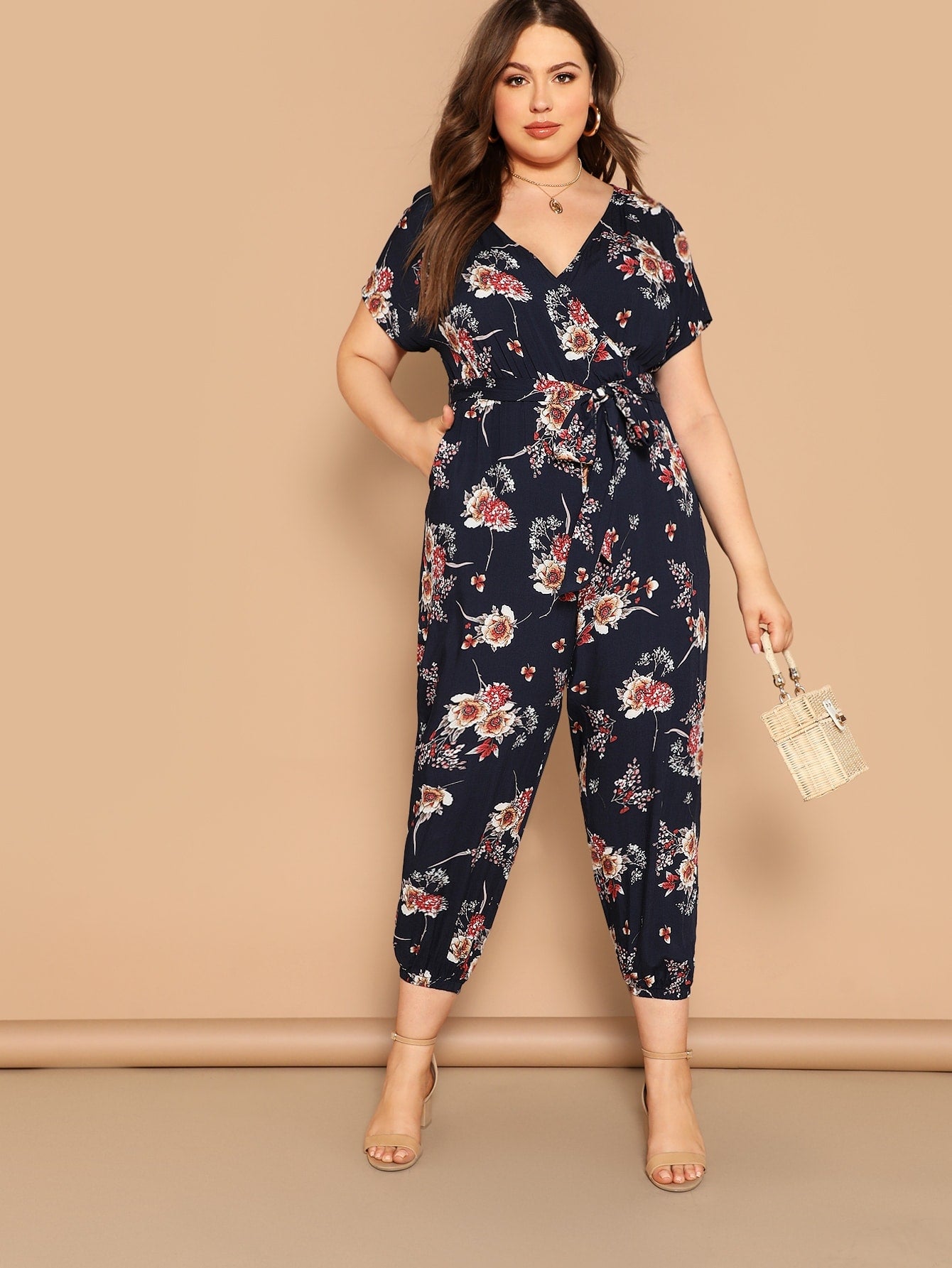 Plus Floral Print Belted Wrap Jumpsuit