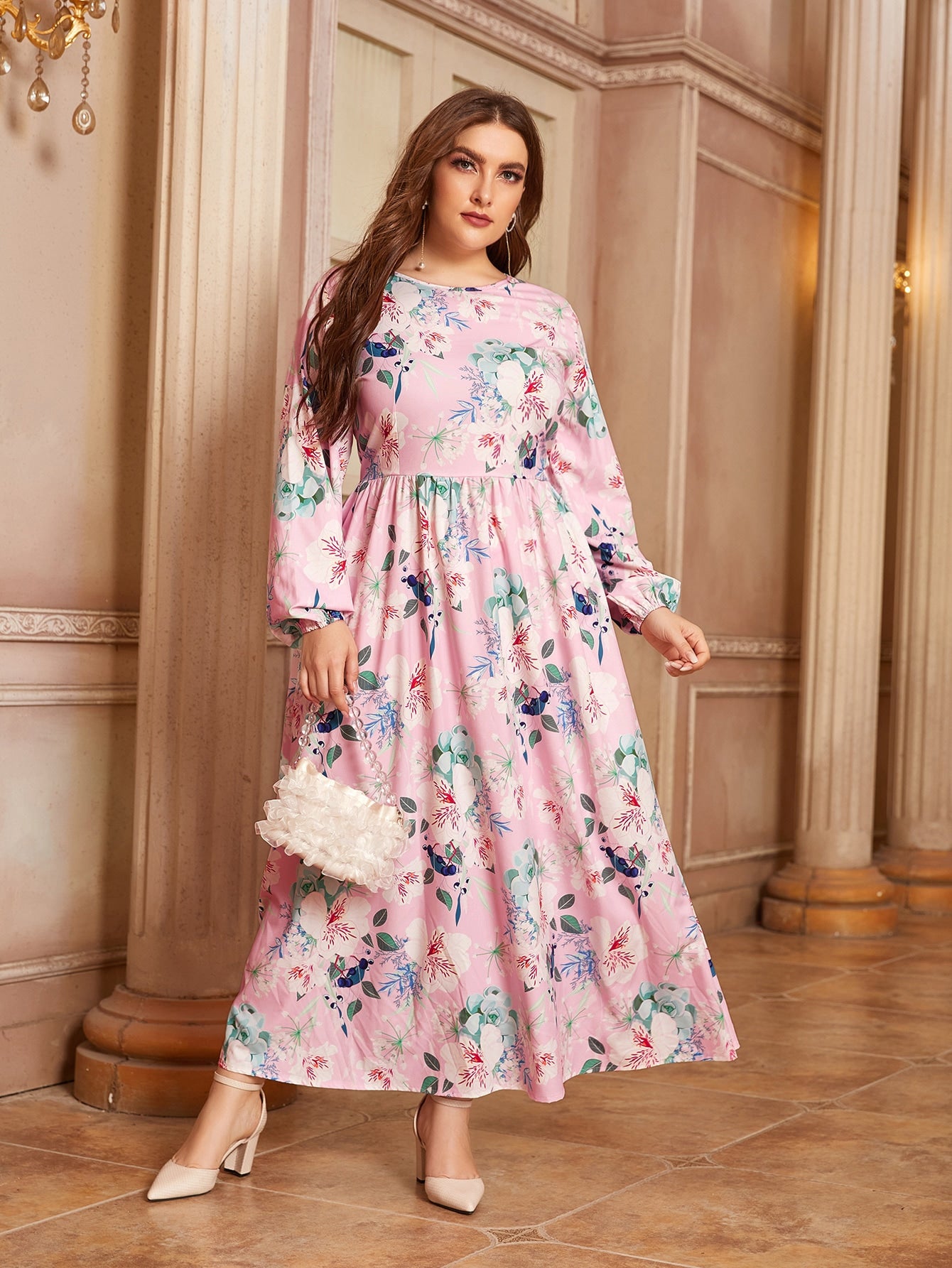 Plus Floral Print Bishop Sleeve Maxi Dress