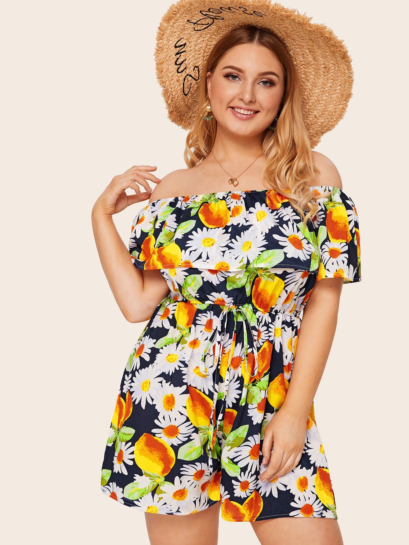 Plus Floral Print Flounce Knot Off The Shoulder Romper