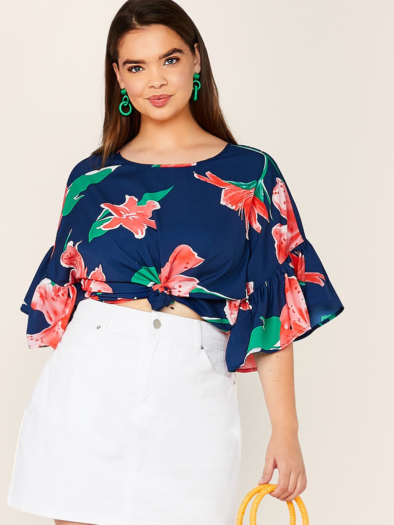 Plus Floral Print Flounce Sleeve Top