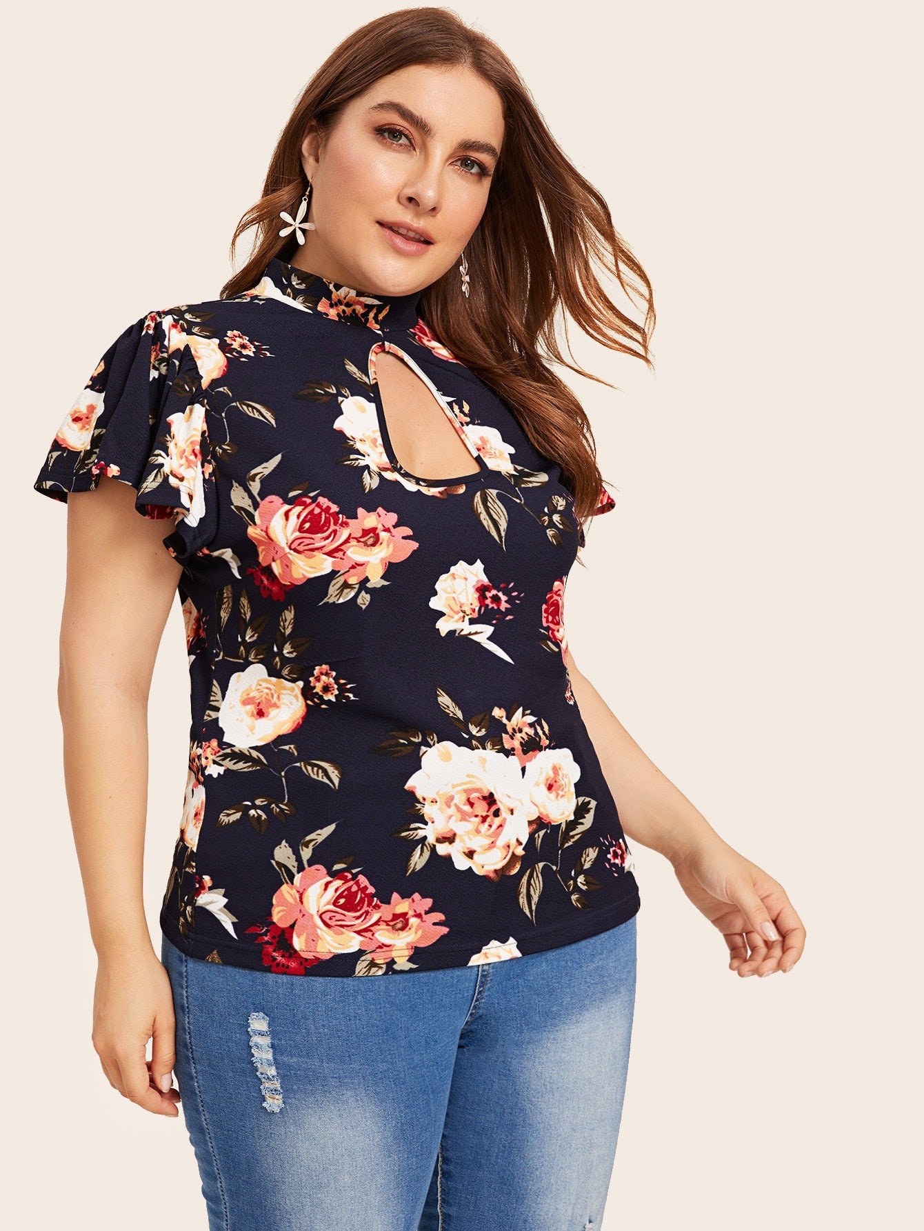 Plus Floral Print Flutter Sleeve Keyhole Neck Top