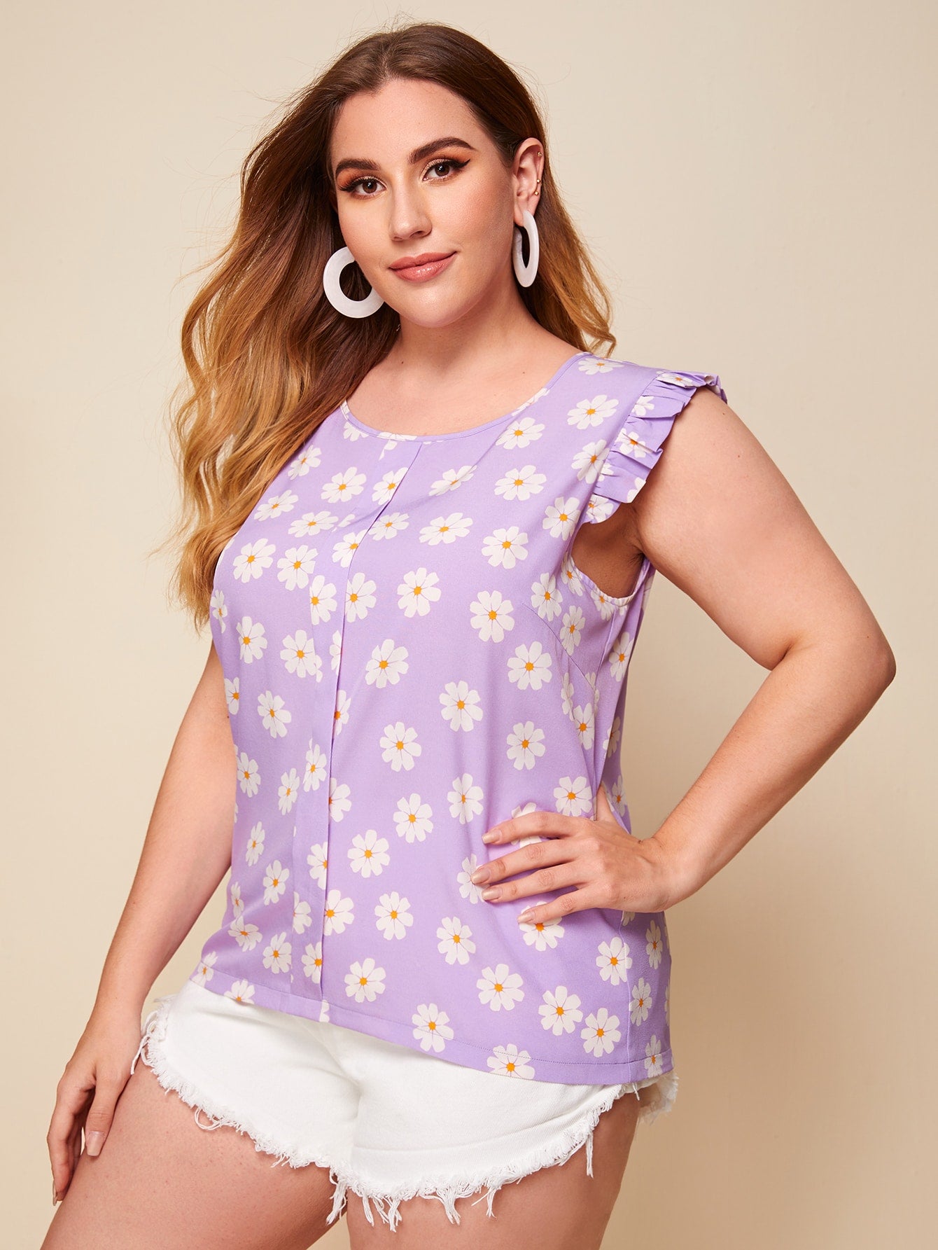 Plus Floral Print Frill Trim Blouse