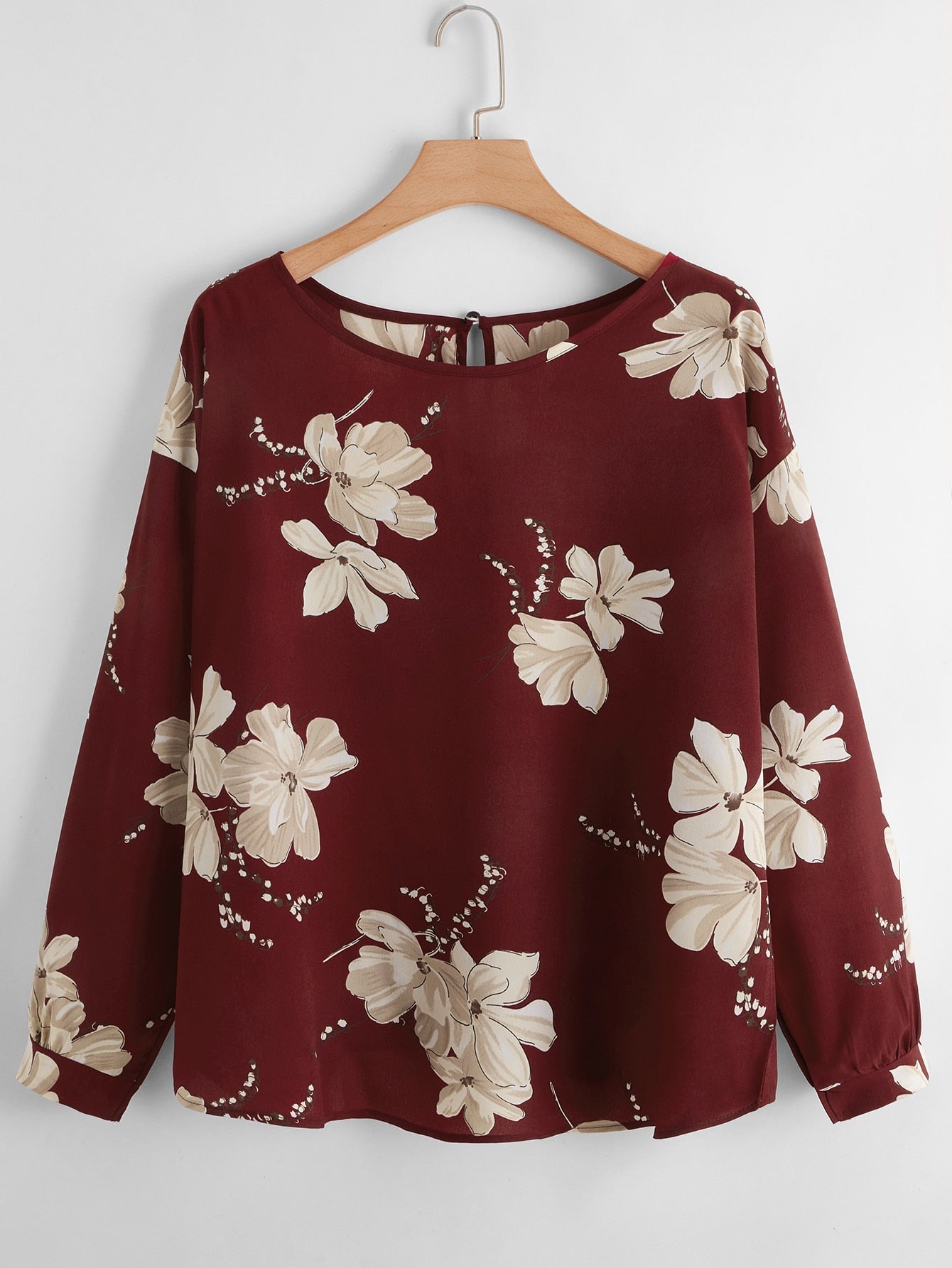 Plus Floral Print Keyhole Back Blouse