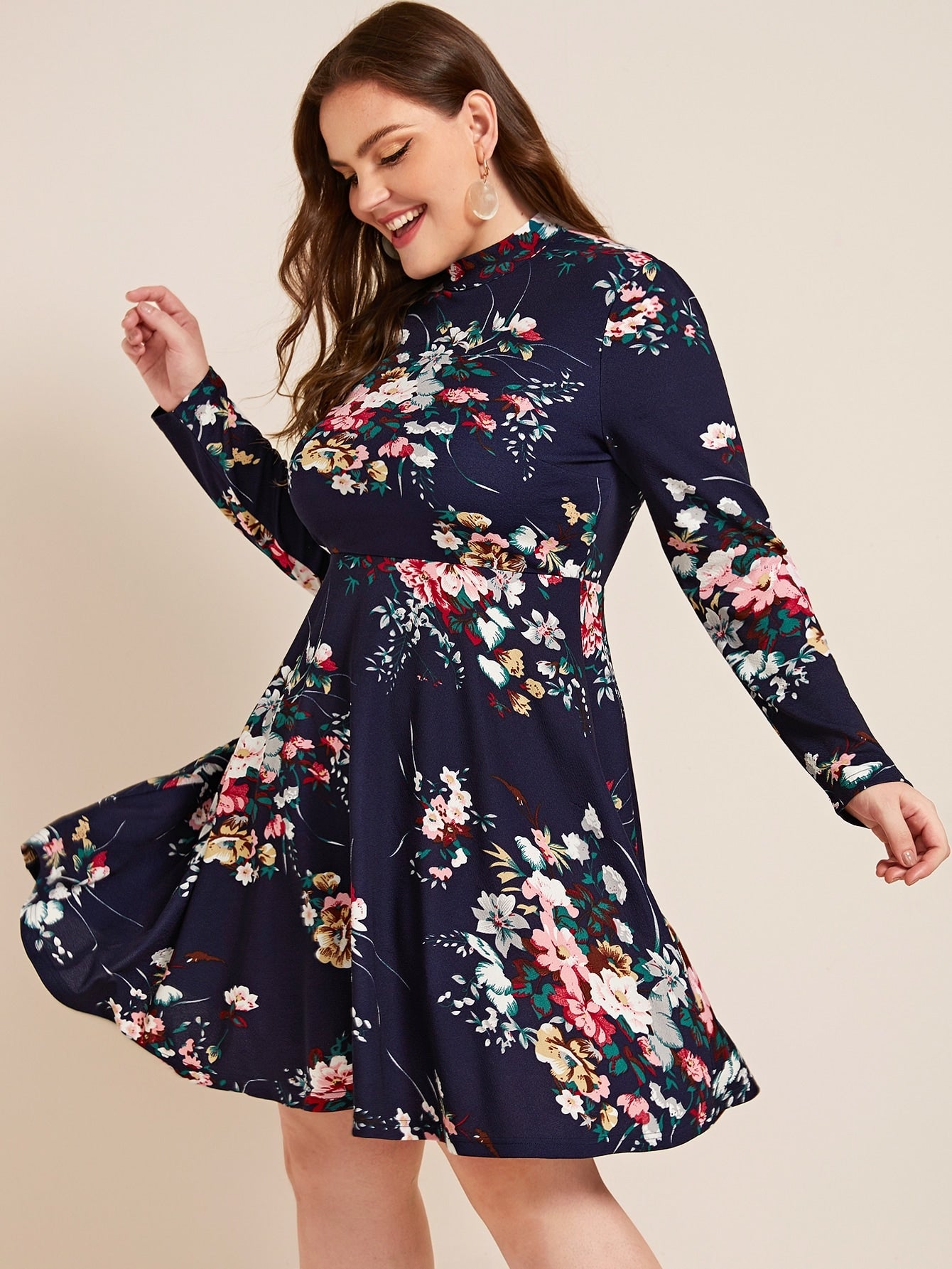 Plus Floral Print Keyhole Back Flare Dress