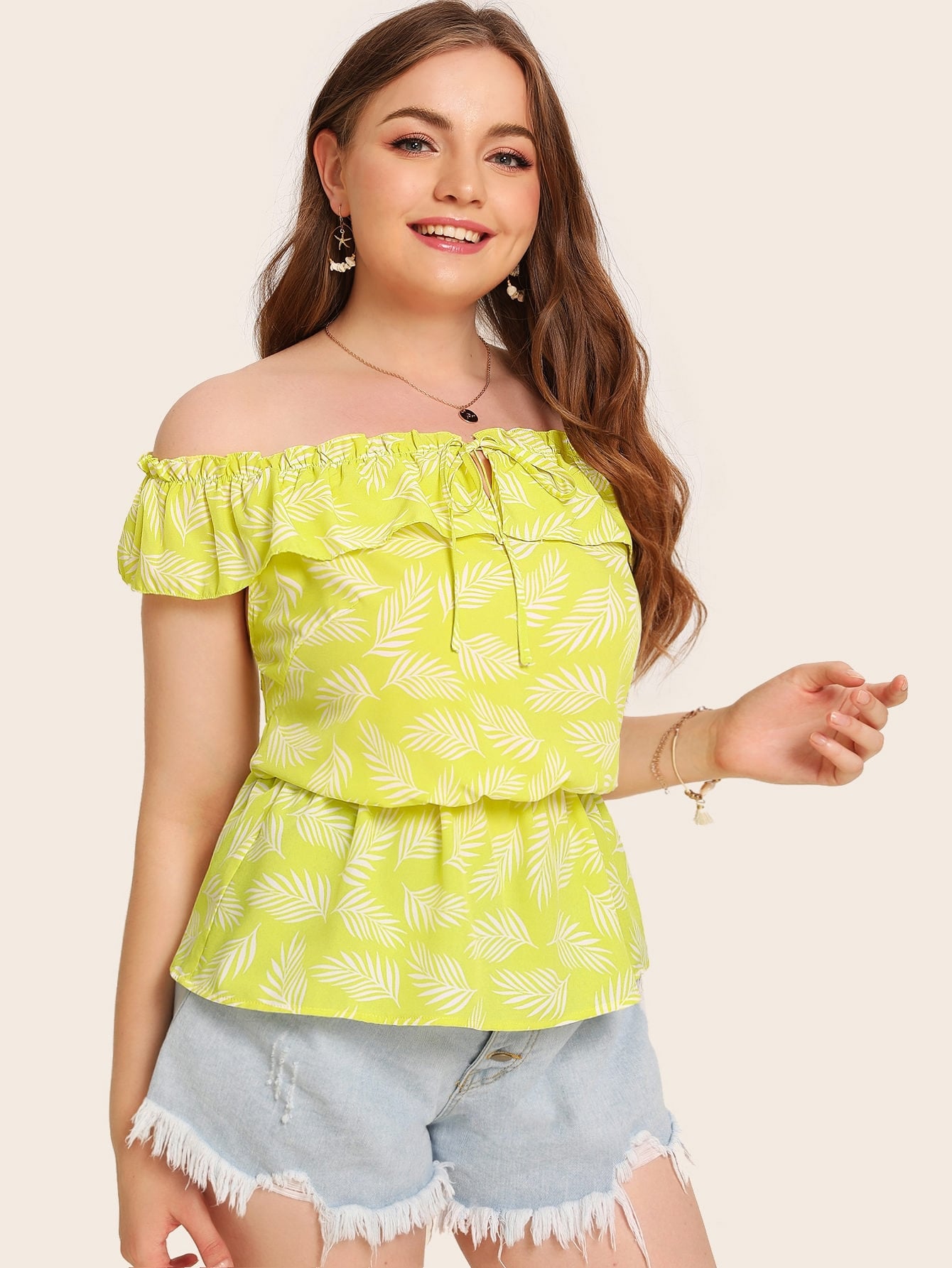 Plus Plant Print Off The Shoulder Lettuce Frill Ruffle Trim Knot Top