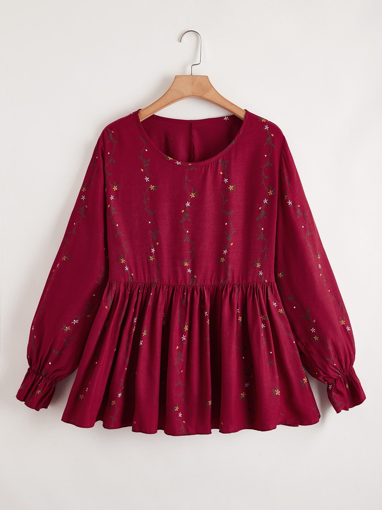 Plus Plants Embroidery Peplum Blouse