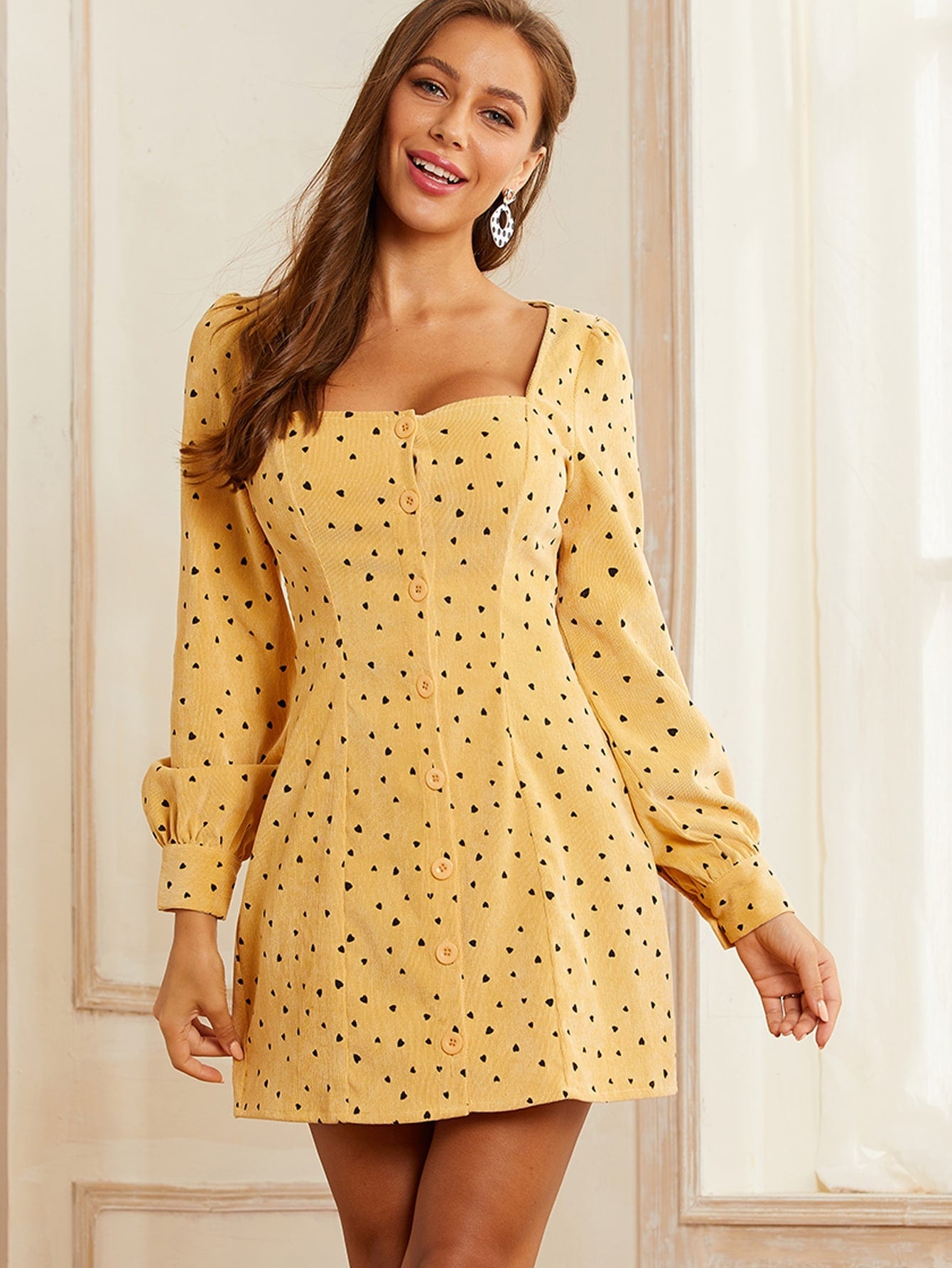 Heart Print Button Front Dress