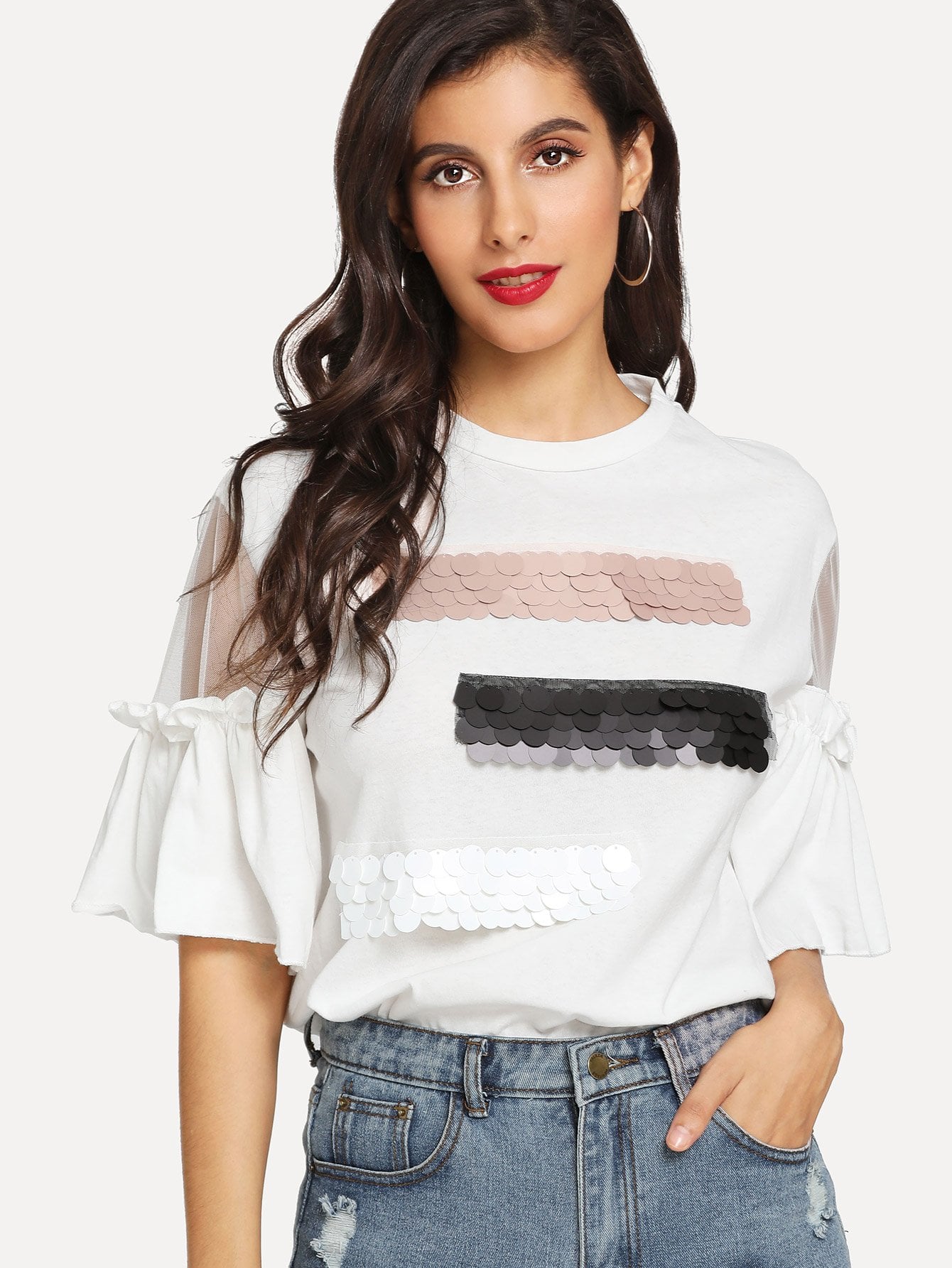 Sequins Contrast Mesh Bell Sleeve Tee