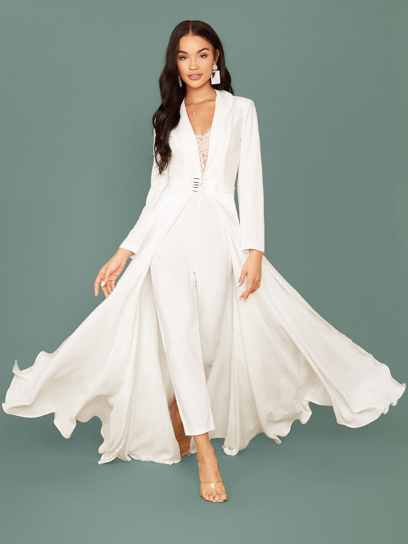 Shawl Collar Lace Insert Belted Cape Jumpsuit