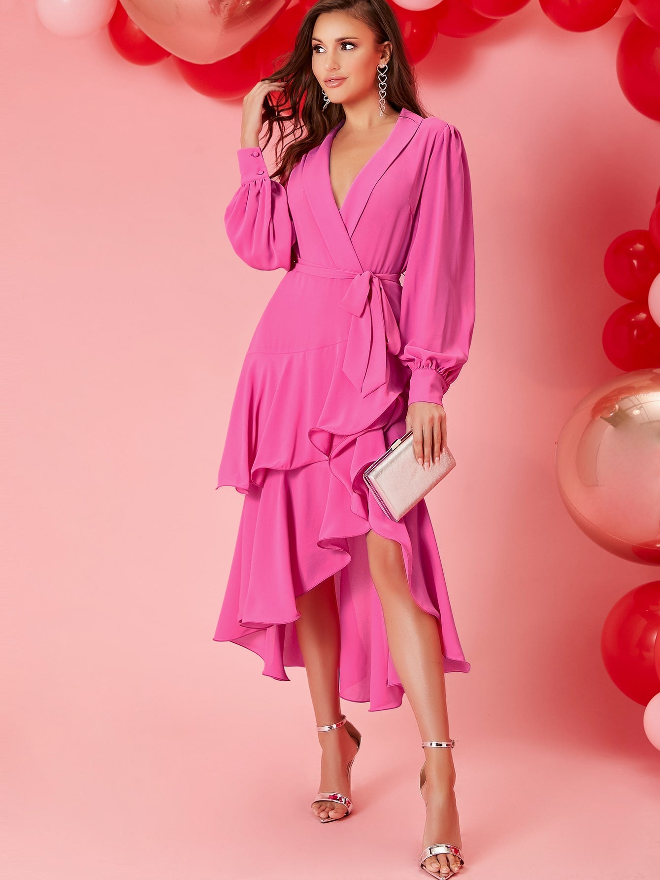 Shawl Collar Lantern Sleeve Asymmetrical Ruffle Hem Belted Dress