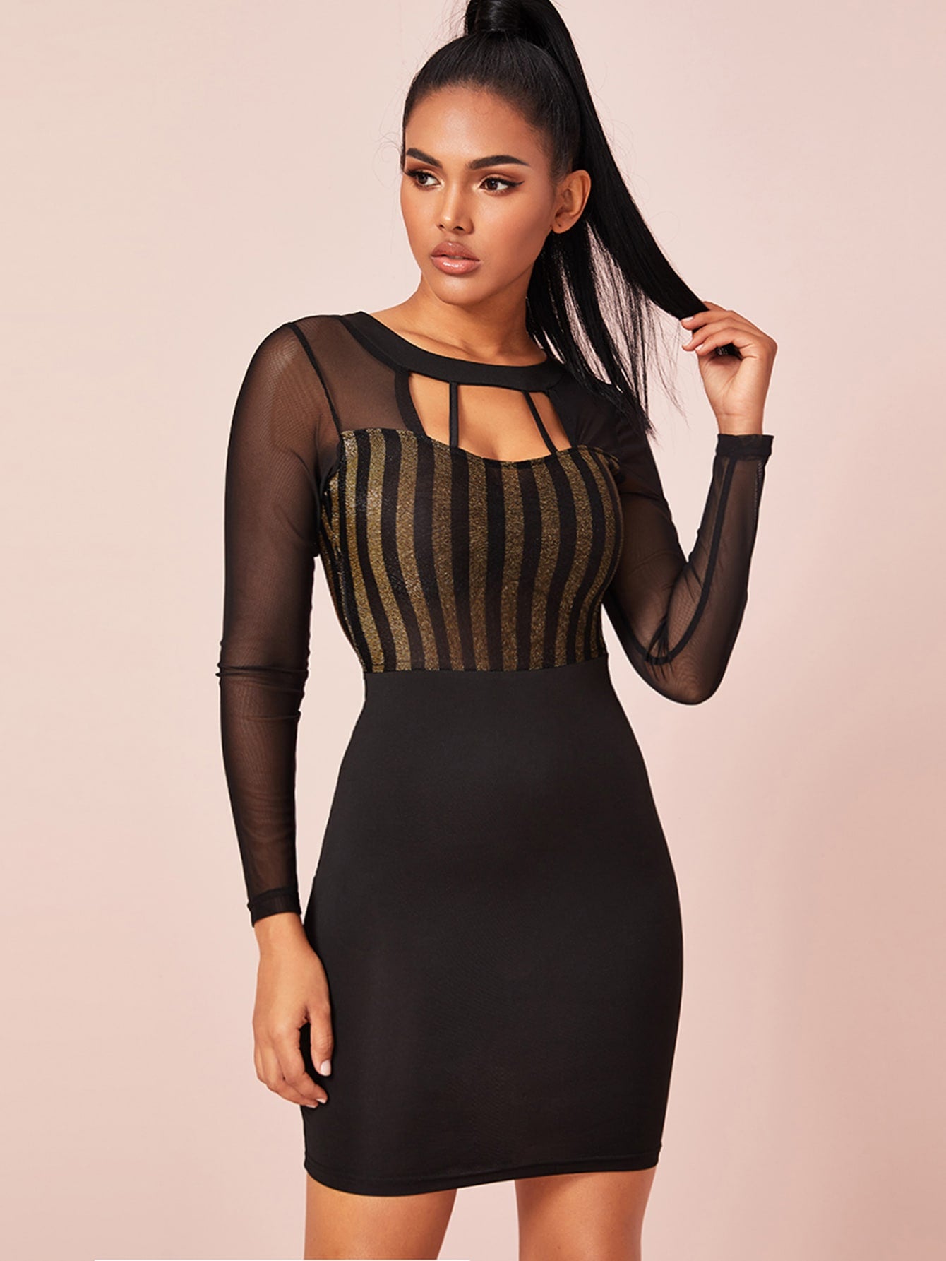 Sheer Mesh Yoke Cut-out Glitter Bodycon Dress