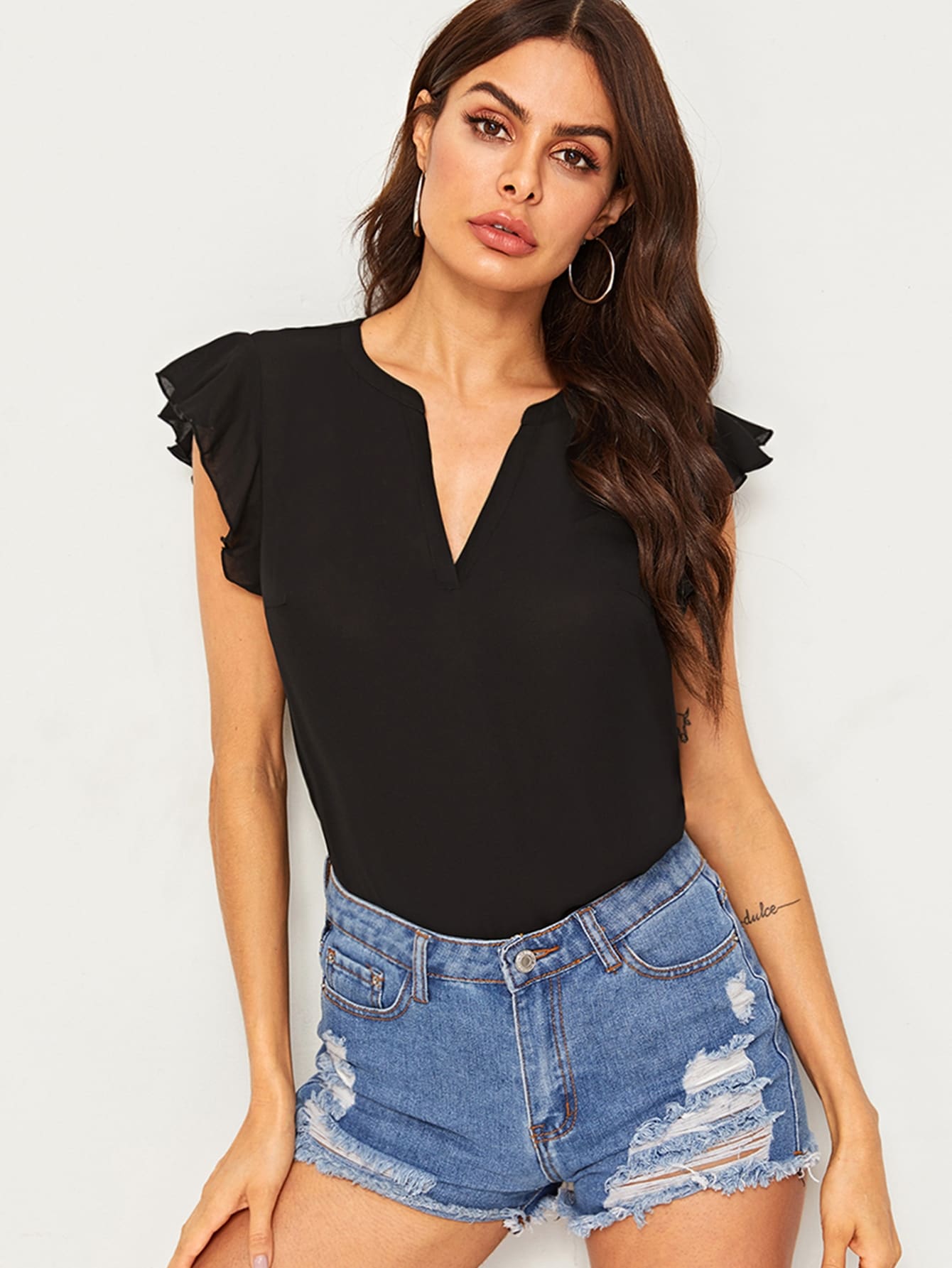 Solid Ruffle Armhole V Neck Top