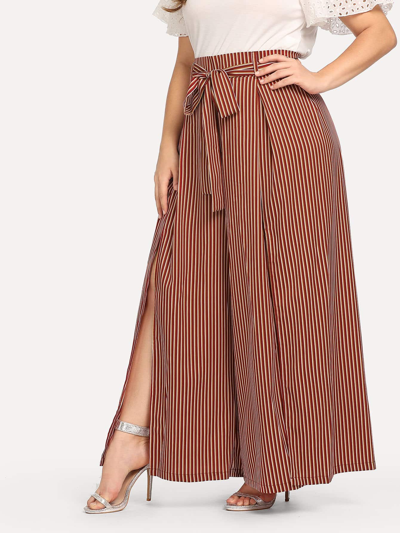 Split Striped Palazzo Pants with Belt