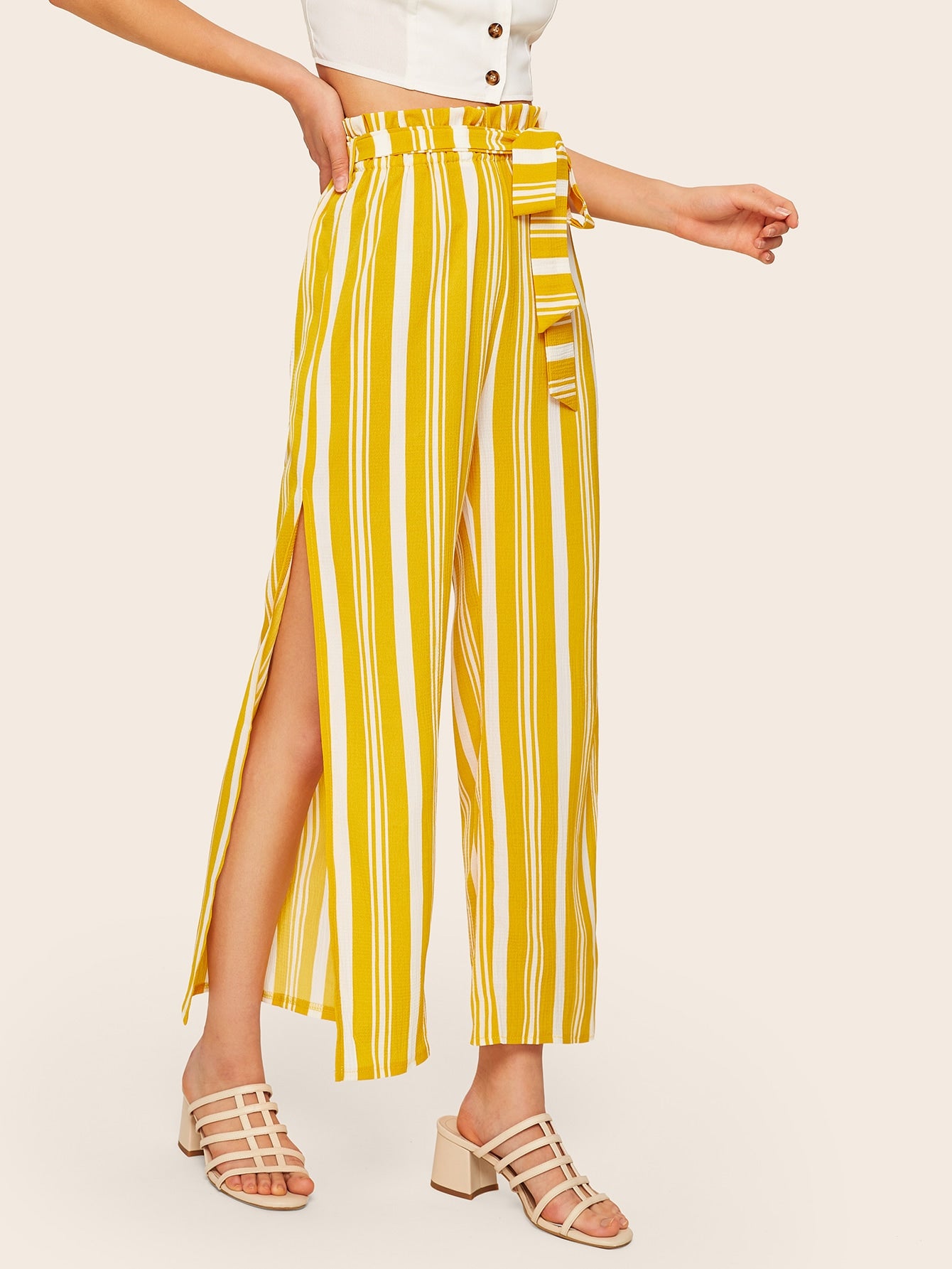 Split Striped Self Tie Paperbag Waist Pants