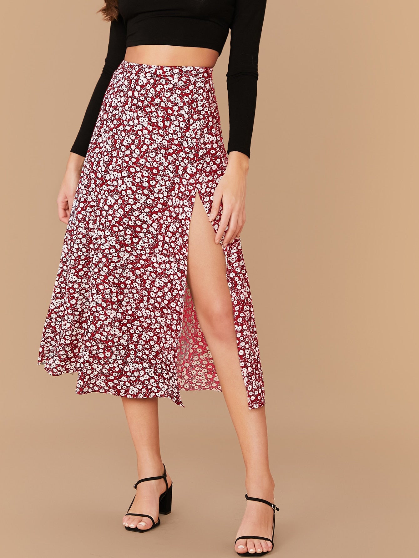 Split Thigh Ditsy Floral Print Skirt