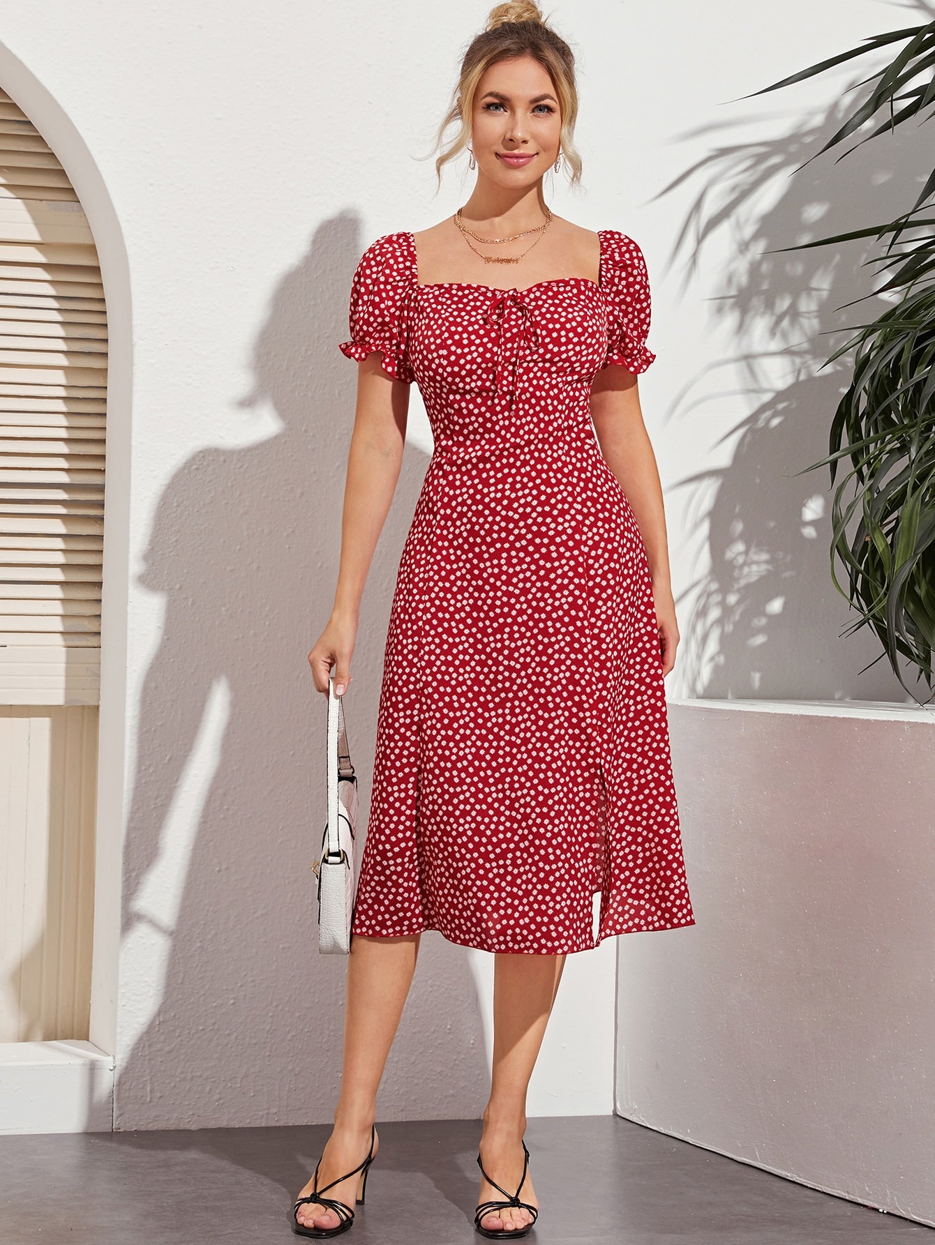 Split Thigh Ditsy Floral Tie Front Milkmaid Dress