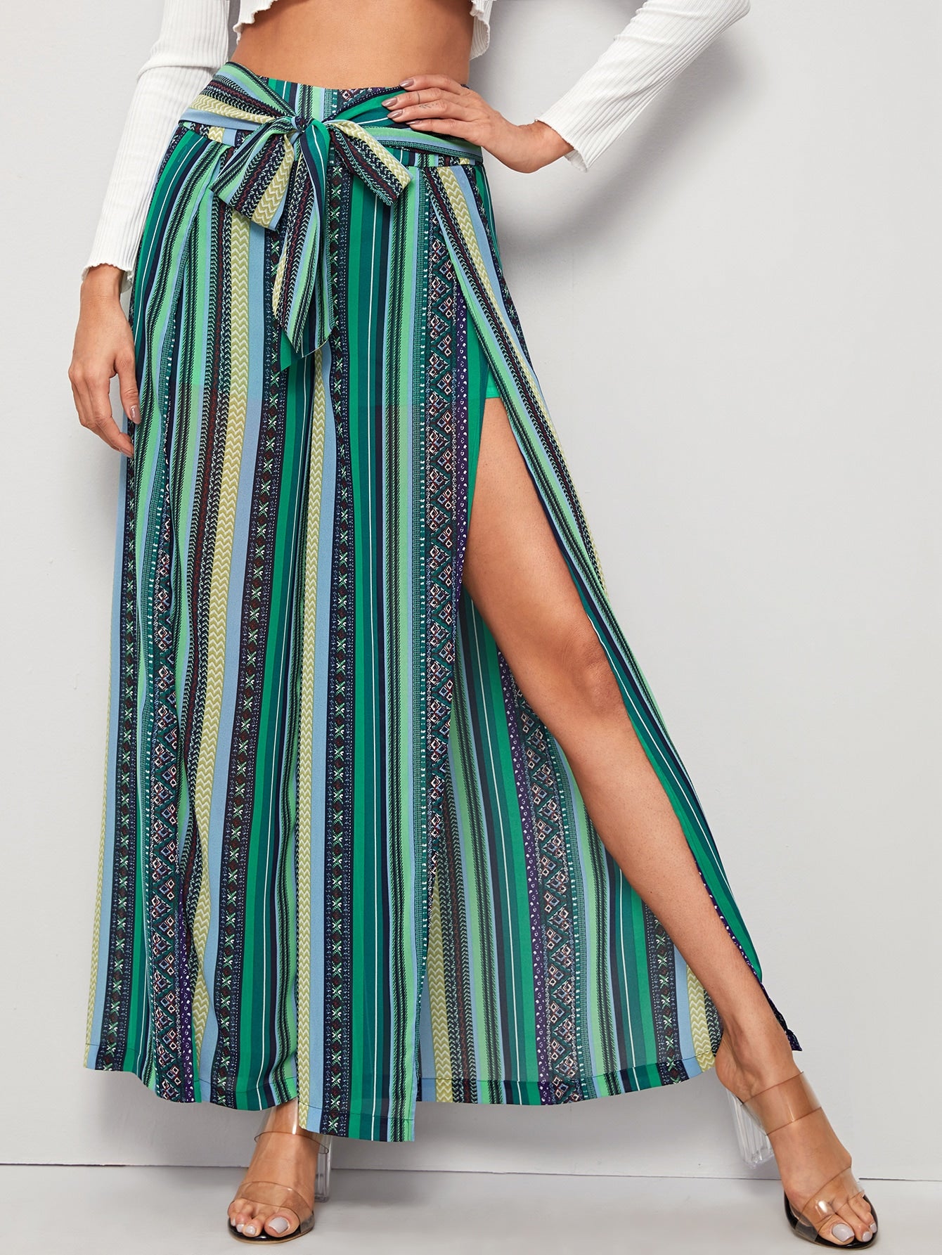 Tie Front Split Tribal Print Wide Leg Pants