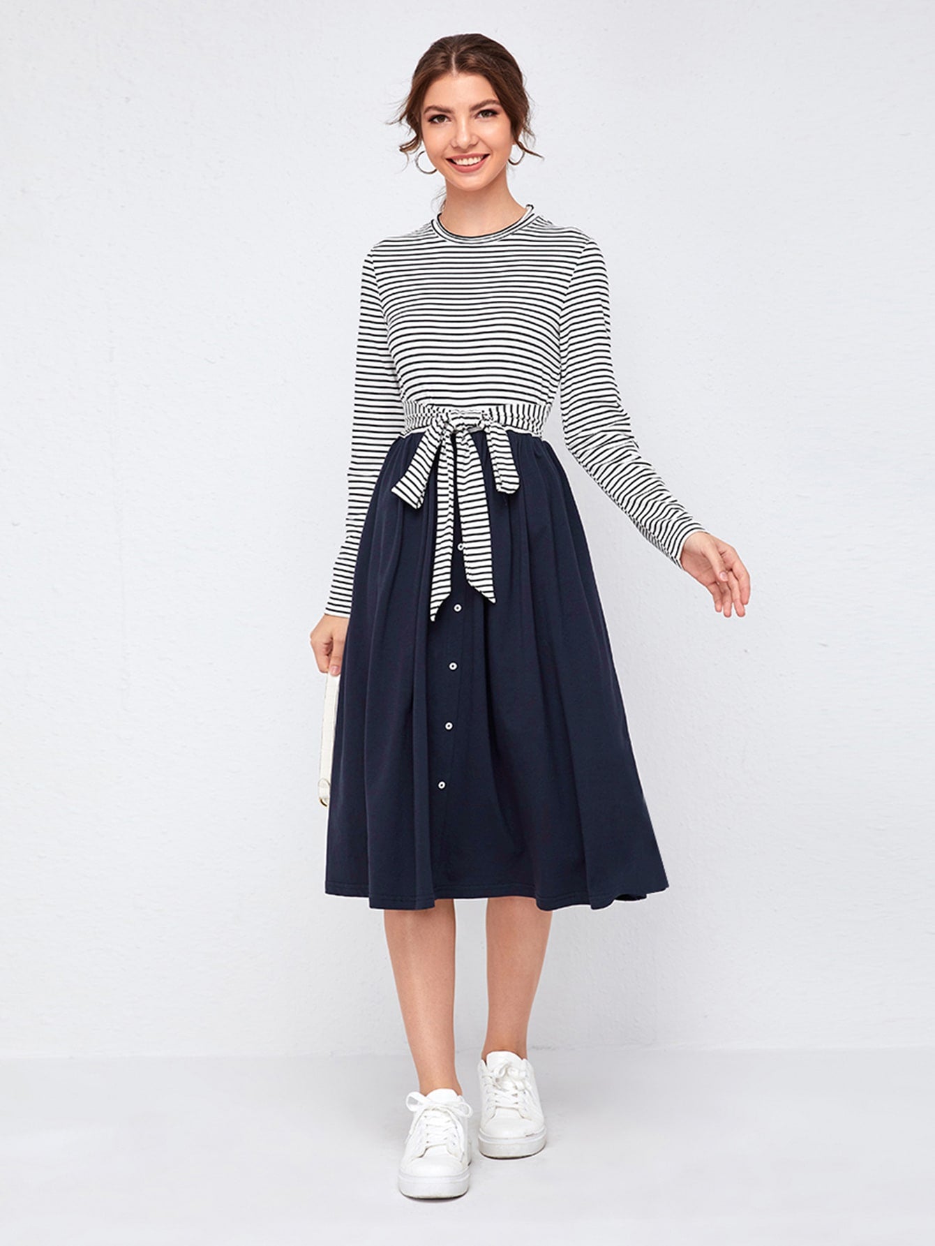 Tie Front Striped Combo Dress