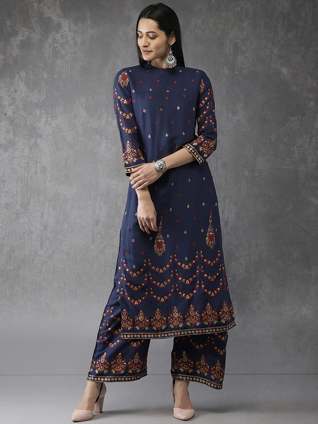 Women Navy Blue Printed Kurta with Palazzos