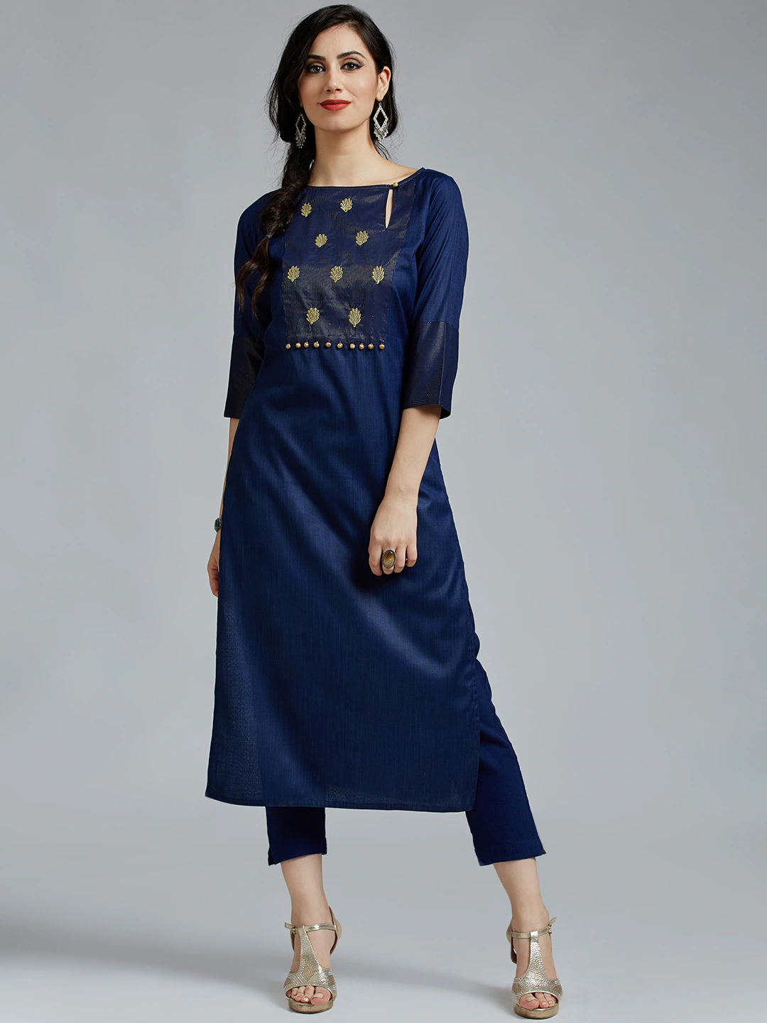 Women Navy Blue Printed Kurta with Trousers