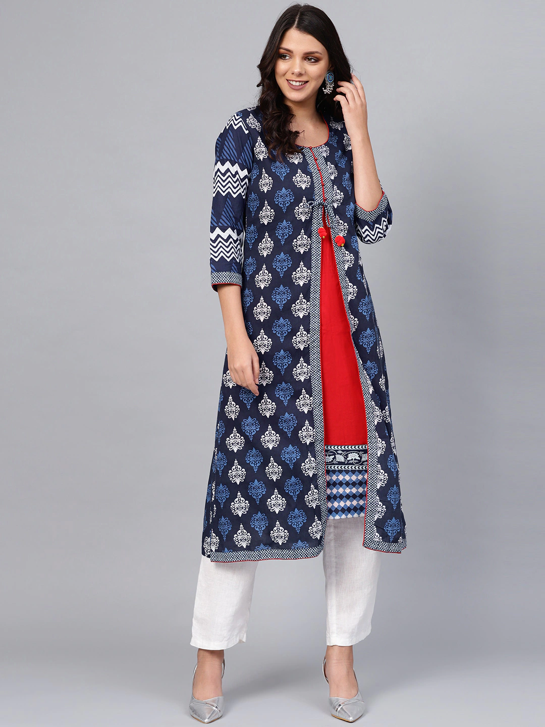 Women Navy Blue Printed Layered Kurta