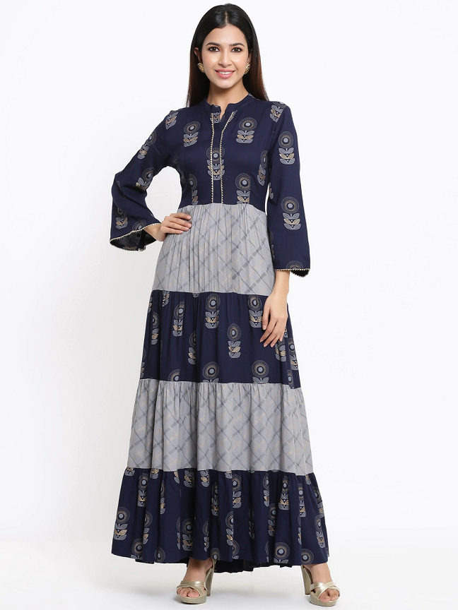 Women Navy Blue Printed Maxi Dress