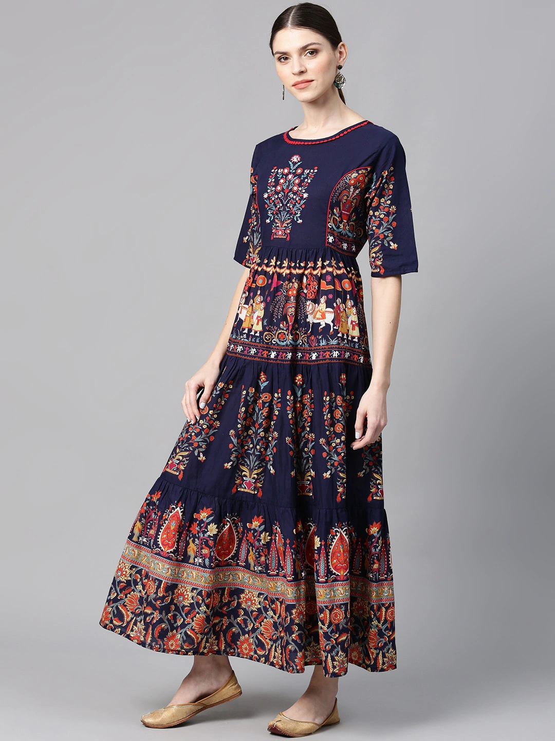 Women Navy Blue Printed Maxi Tiered Dress