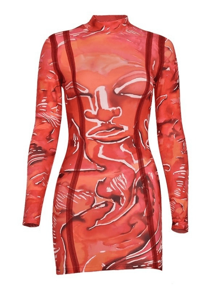 Abstract Print Long Sleeve Mini Dress