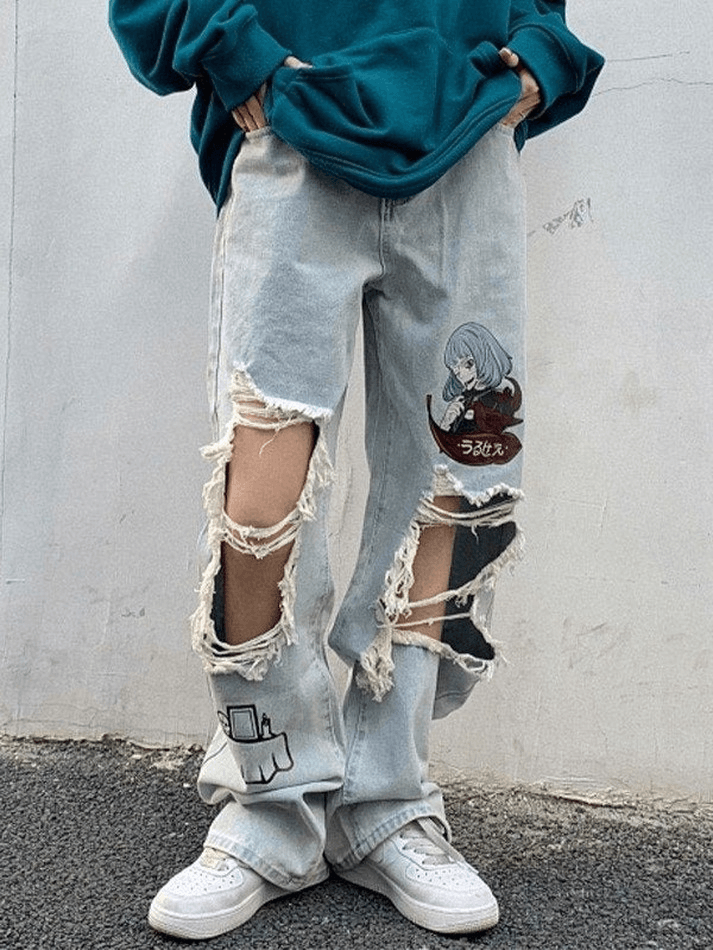 Anime Print Destroyed Ripped Jeans