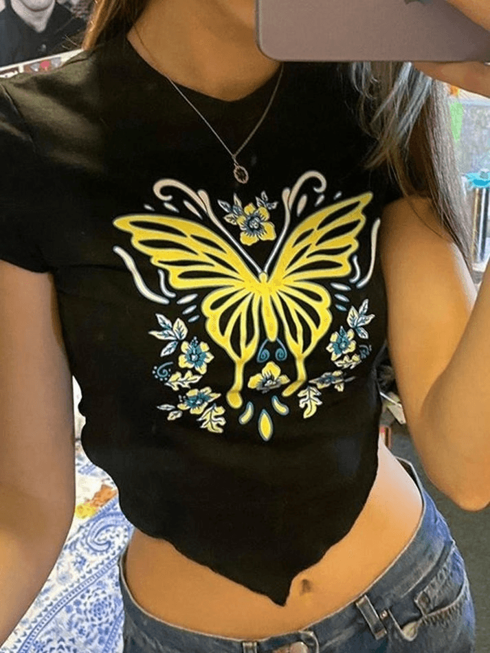 Asymmetric Butterfly Floral Print Crop Top