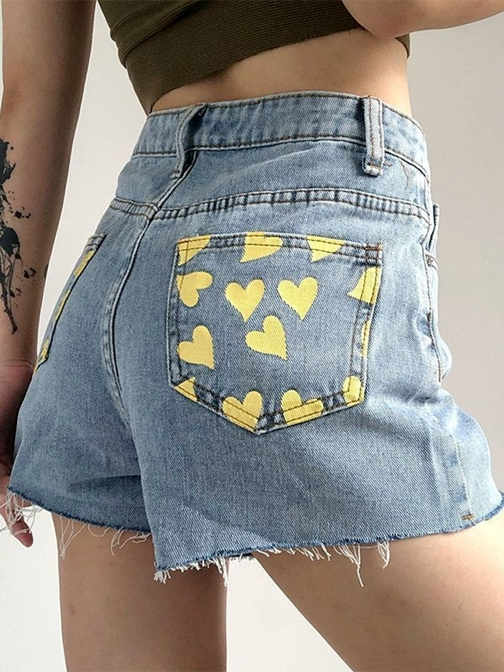 Back Heart Printed Raw Hem Denim Shorts