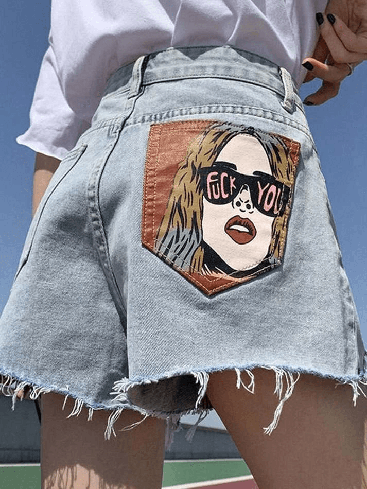 Back Printed Raw Hem Distressed Denim Shorts