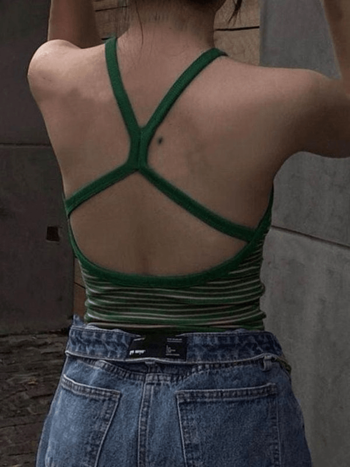 Backless Green Stripe Crop Cami Top