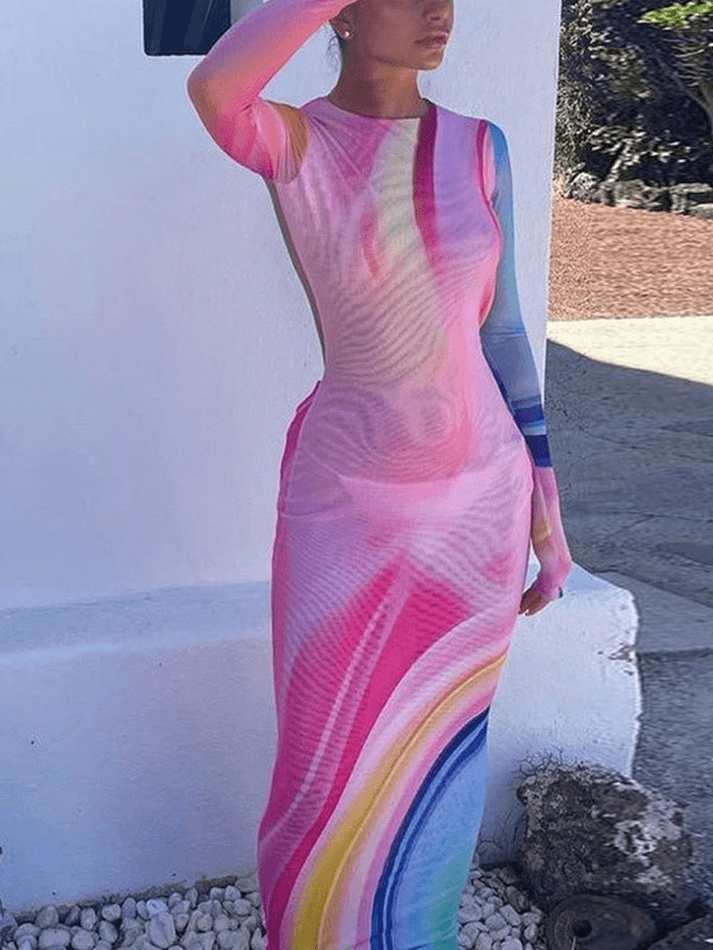 Backless Printed Long Sleeve Mesh Maxi Dress