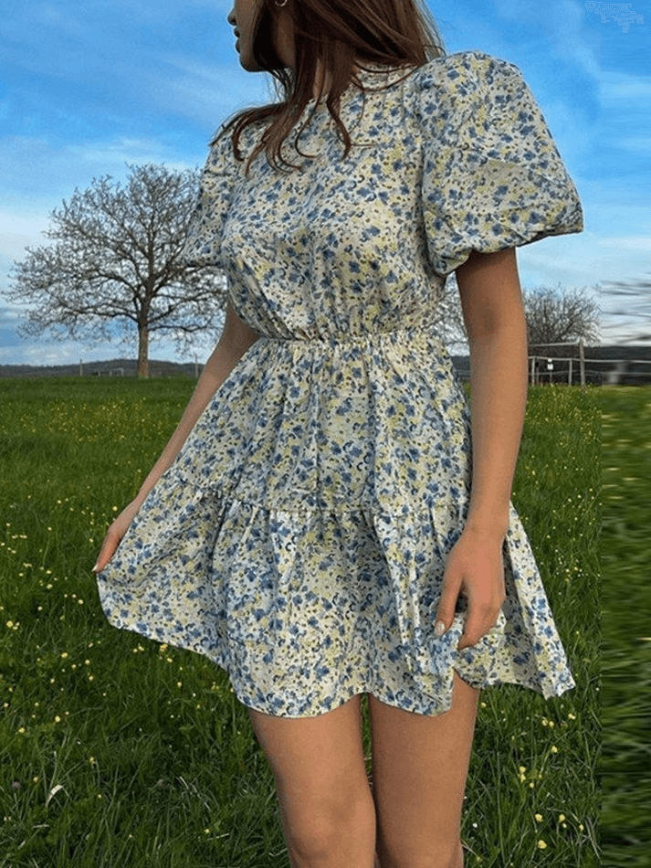 Backless Printed Puff Sleeve Mini Dress